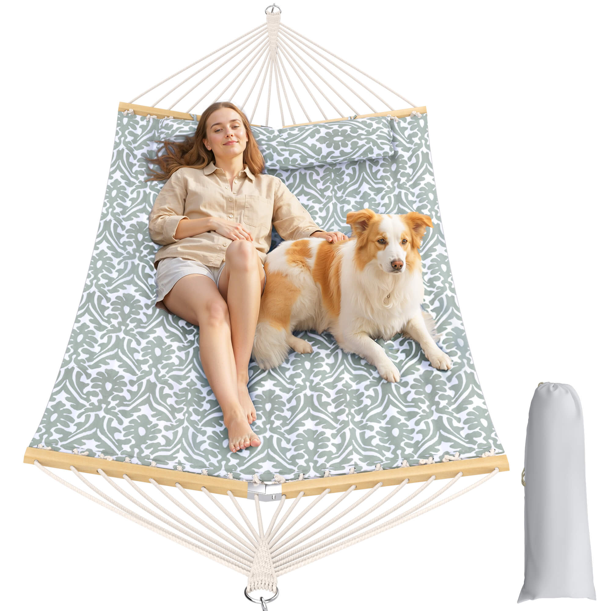 HOMREST Modern Portable Hammock, Outdoor Rope Hammock for Backyard, Beach & Camping, Gray Floral