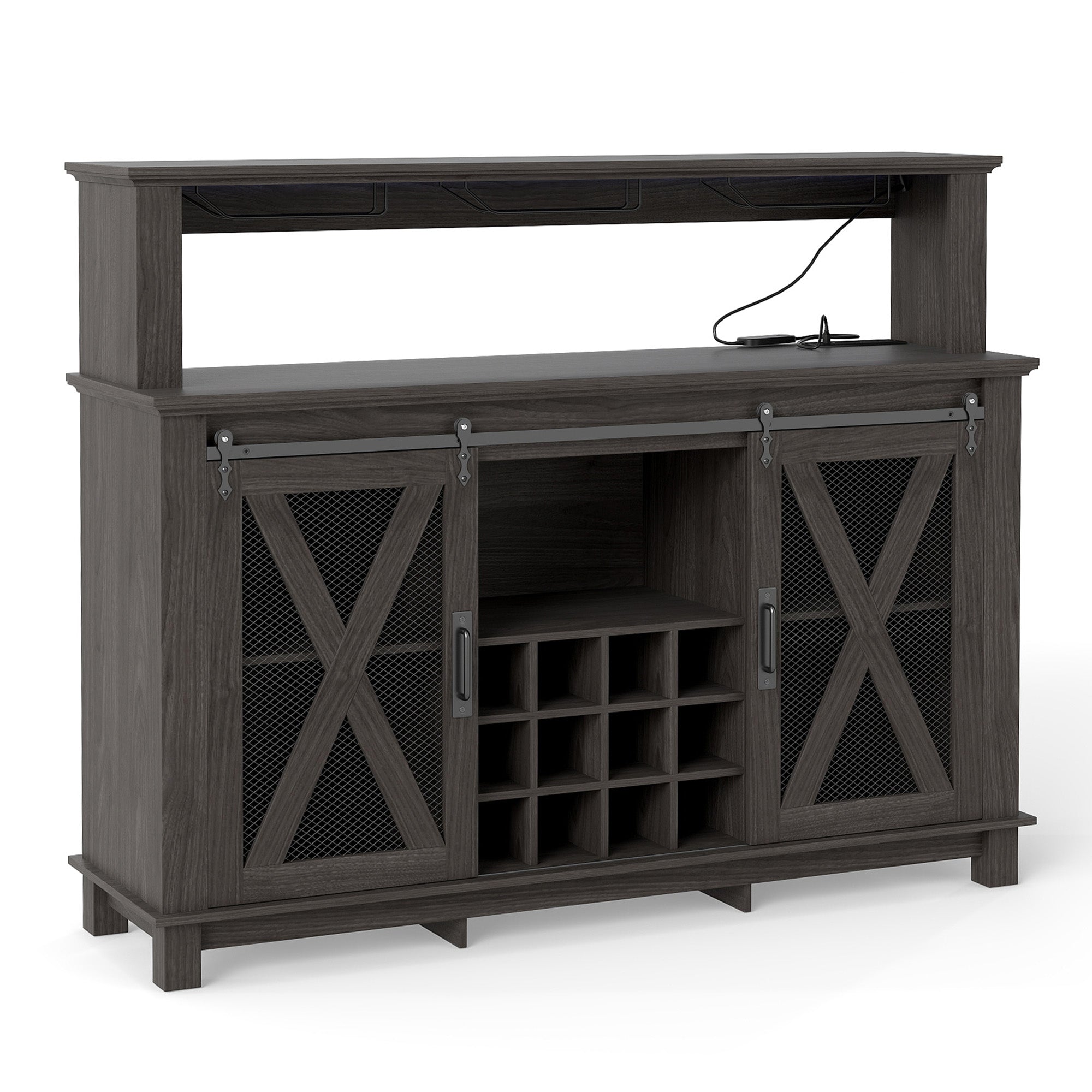 HOMREST 55" Farmhouse Bar Cabinet, Wine Coffee Bar Cabinet With Led Lights And Sliding Barn Door, Home Bar With Wine Racks And Glass Holder,  Black