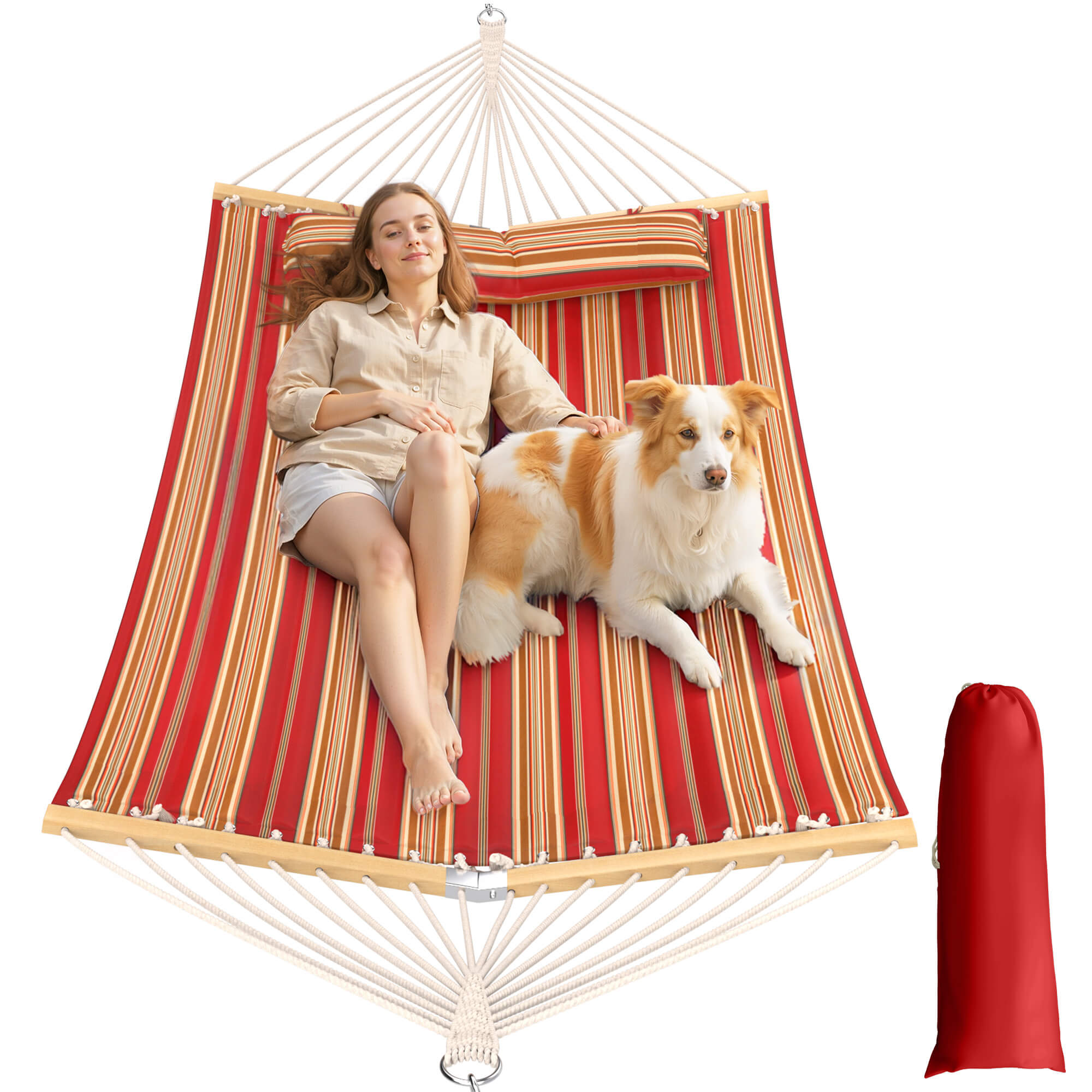 HOMREST Modern Portable Hammock, Outdoor Rope Hammock for Backyard, Beach & Camping, Red Stripes