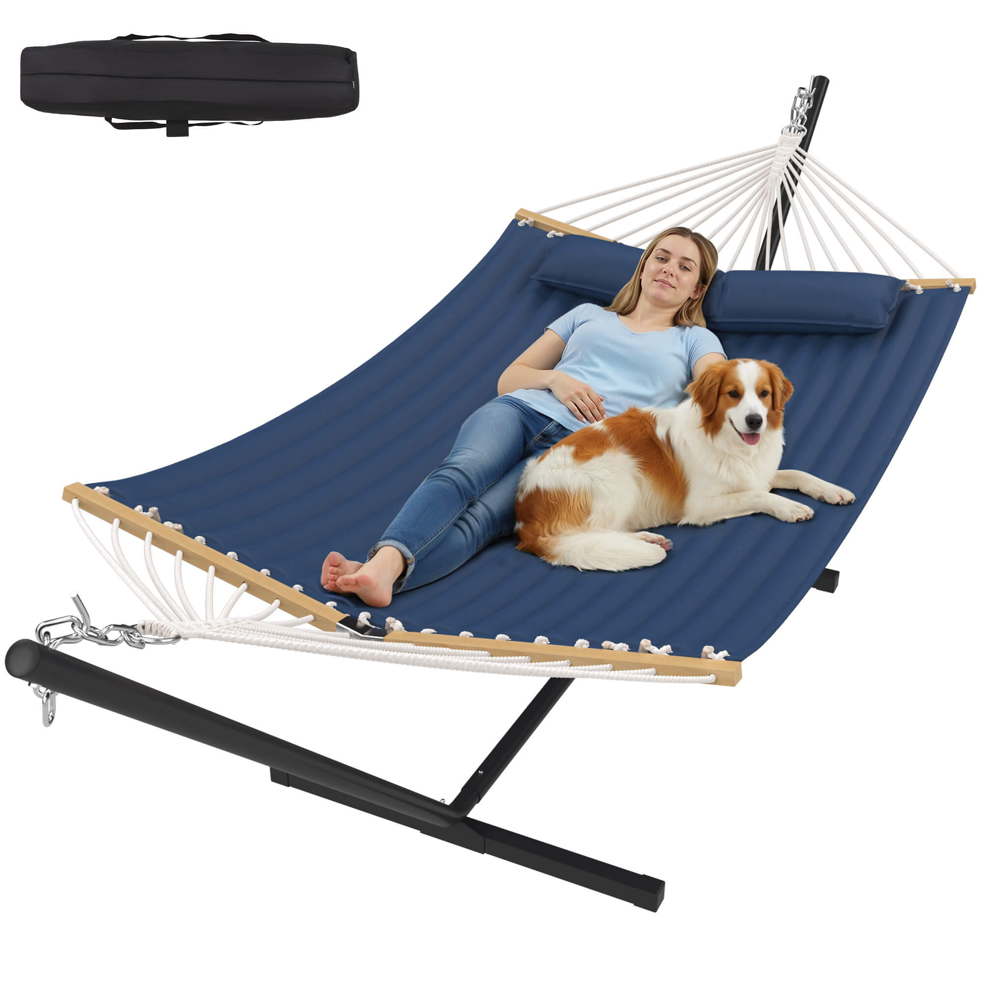 HOMREST Modern Rope Hammock with Stand, Portable Outdoor Hammock for Backyard, Beach & Camping, Navy Blue