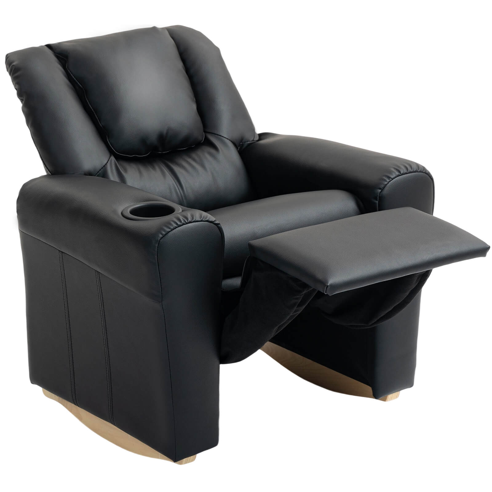 HOMREST Kids Recliner Chair with Cup Holder, Leather Toddler Recliner with Adjustable Backrest, Curved Rocking Legs and Comfy Armrests, Black