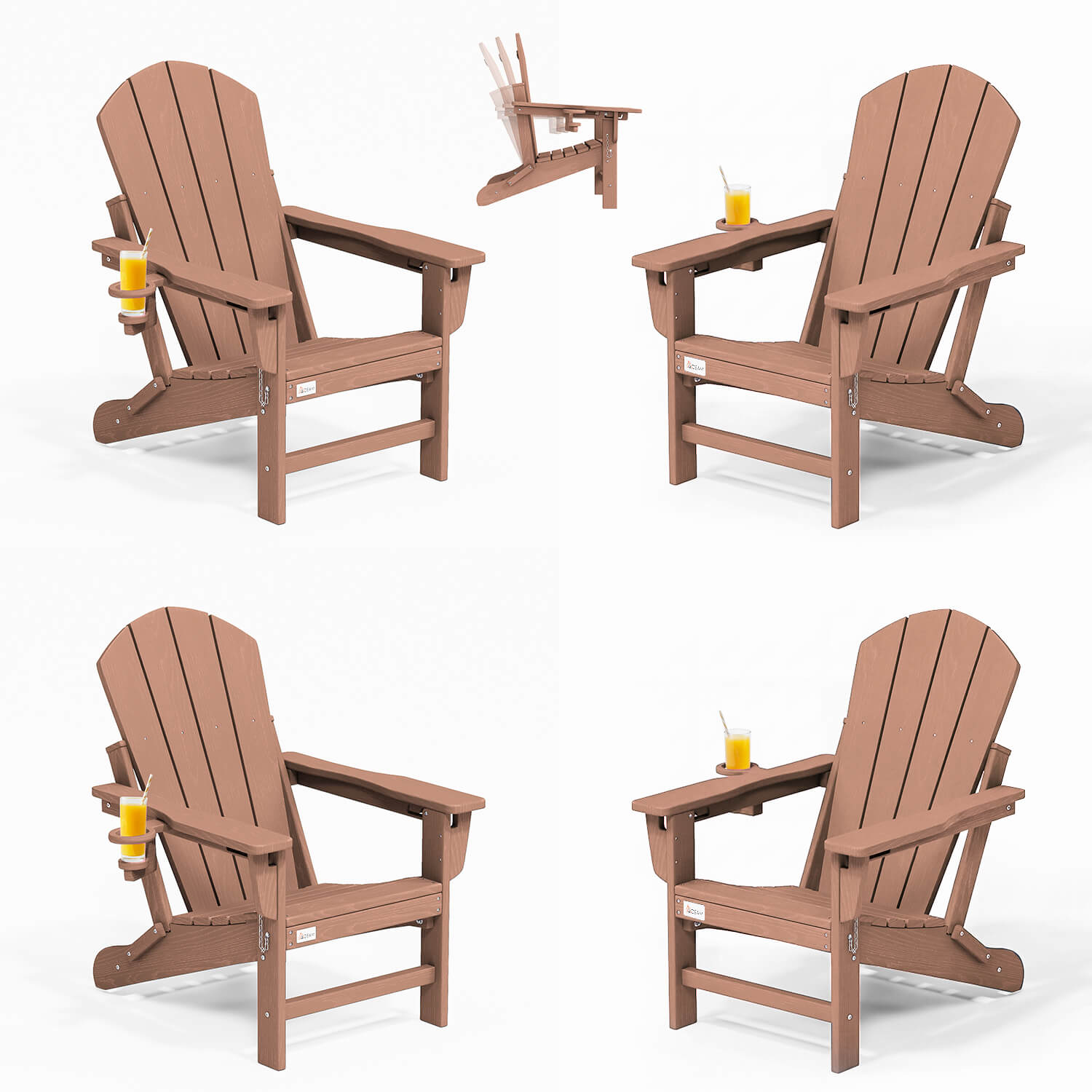 HOMREST 3-Position Adjustable Adirondack Chairs Set of 4, 400LBS HDPE Folding Outdoor Chairs with Cup Holder, Teak