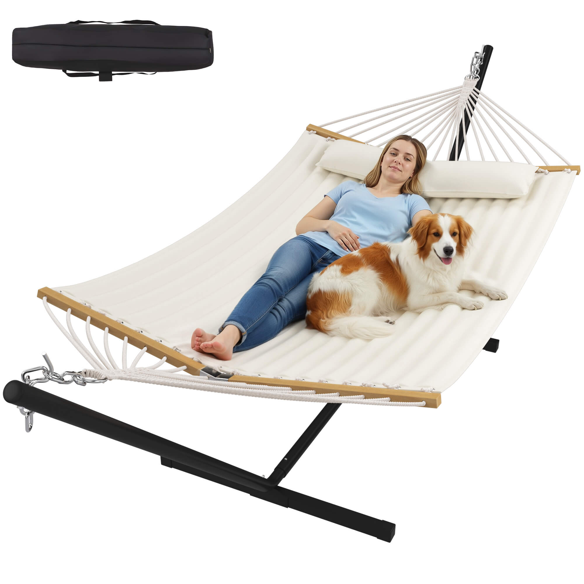 HOMREST Modern Rope Hammock with Stand, Portable Outdoor Hammock for Backyard, Beach & Camping, Off-White