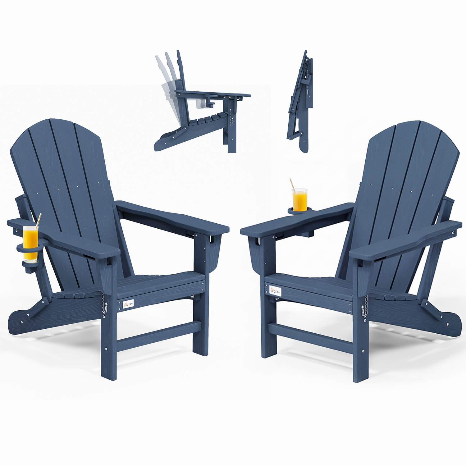 HOMREST 3-Position Adjustable Adirondack Chairs Set of 2, 400LBS HDPE Folding Outdoor Chairs with Cup Holder, Navy Blue