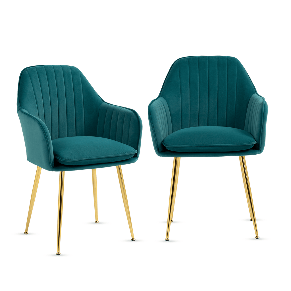 HOMREST Modern Living Dining Room Accent Arm Chairs Set of 2, Velvet Mid-Century Upholstered Seat Club Guest with Golden Legs, Green