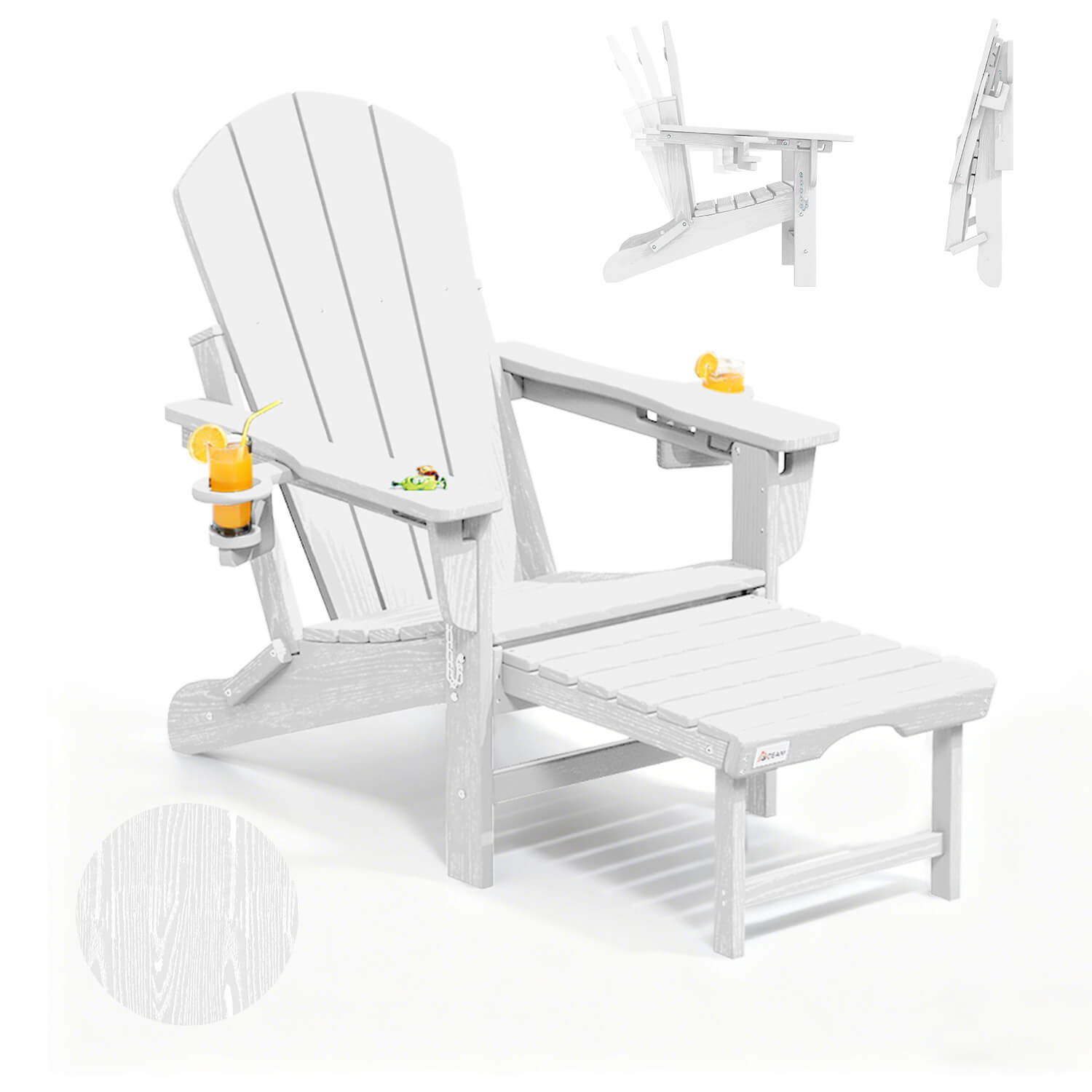HOMREST 3-Level  Adjustable Adirondack Chair with Retractable Ottoman, Folding HDPE Outdoor Chair with Cup Holders, White