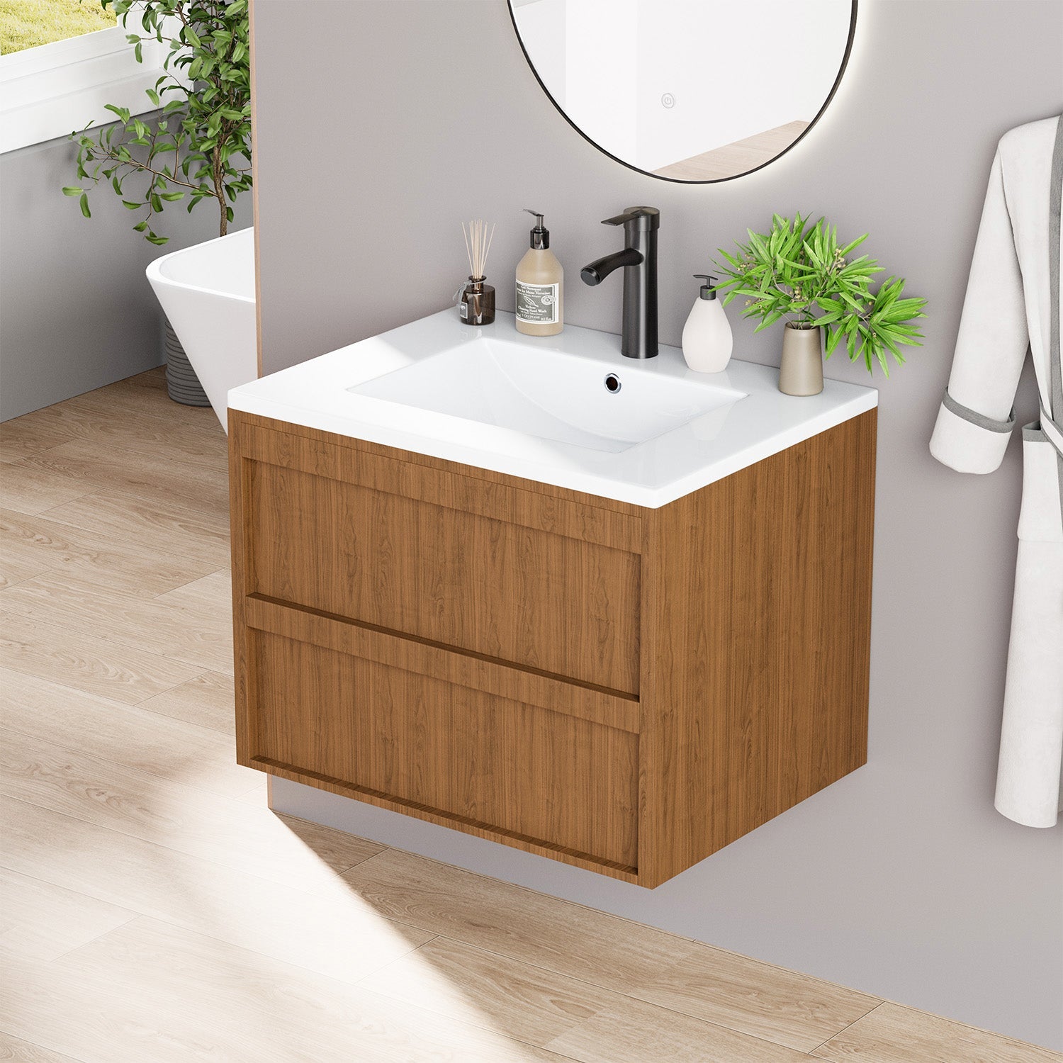 HOMREST 24 Inch Bathroom Vanity with Sink, Floating Bathroom Vanity with 2 Large Storage Drawers, Wood Grain Wall Mounted Bathroom Cabinet,  Brown