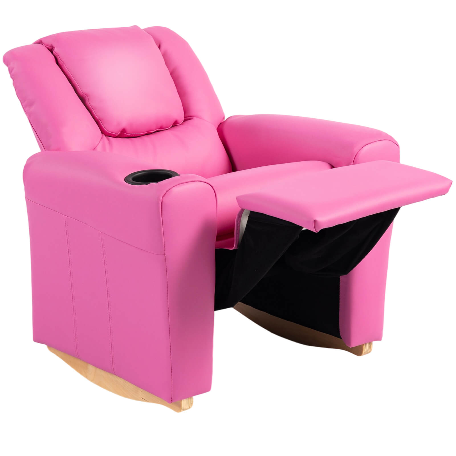 HOMREST Kids Recliner Chair with Cup Holder, Leather Toddler Recliner with Adjustable Backrest, Curved Rocking Legs and Comfy Armrests, Pink