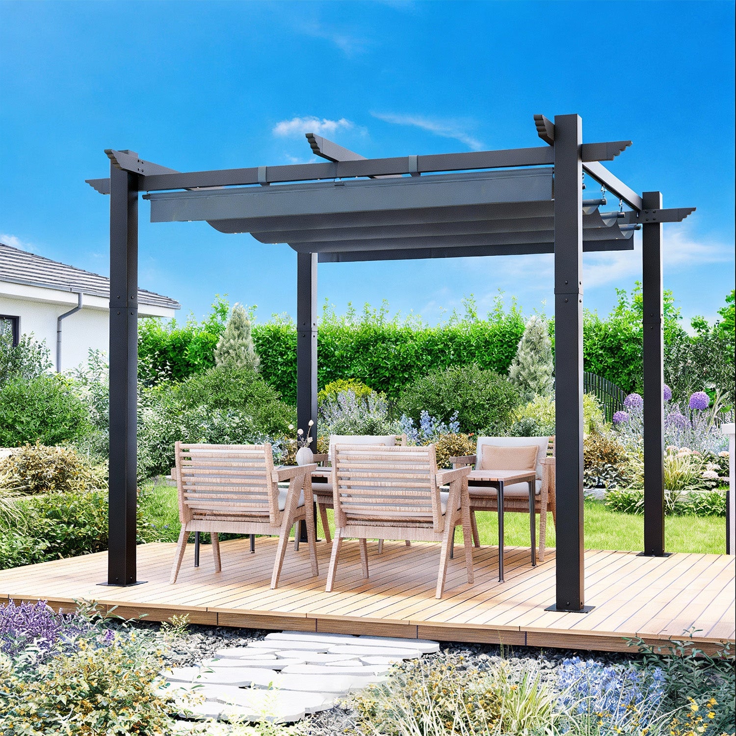 HOMREST Retractable Pergola 10x10 Ft, Upgraded Sun Shade with Waterproof Canopy, Durable Metal Patio Shelter with Magnetic Attachment for Backyard Garden Deck (Gary)