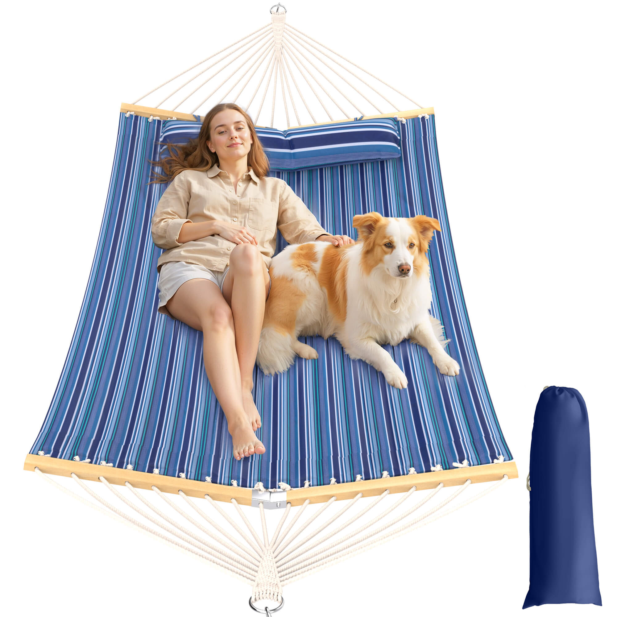 HOMREST Modern Portable Hammock, Outdoor Rope Hammock for Backyard, Beach & Camping, Blue Stripes