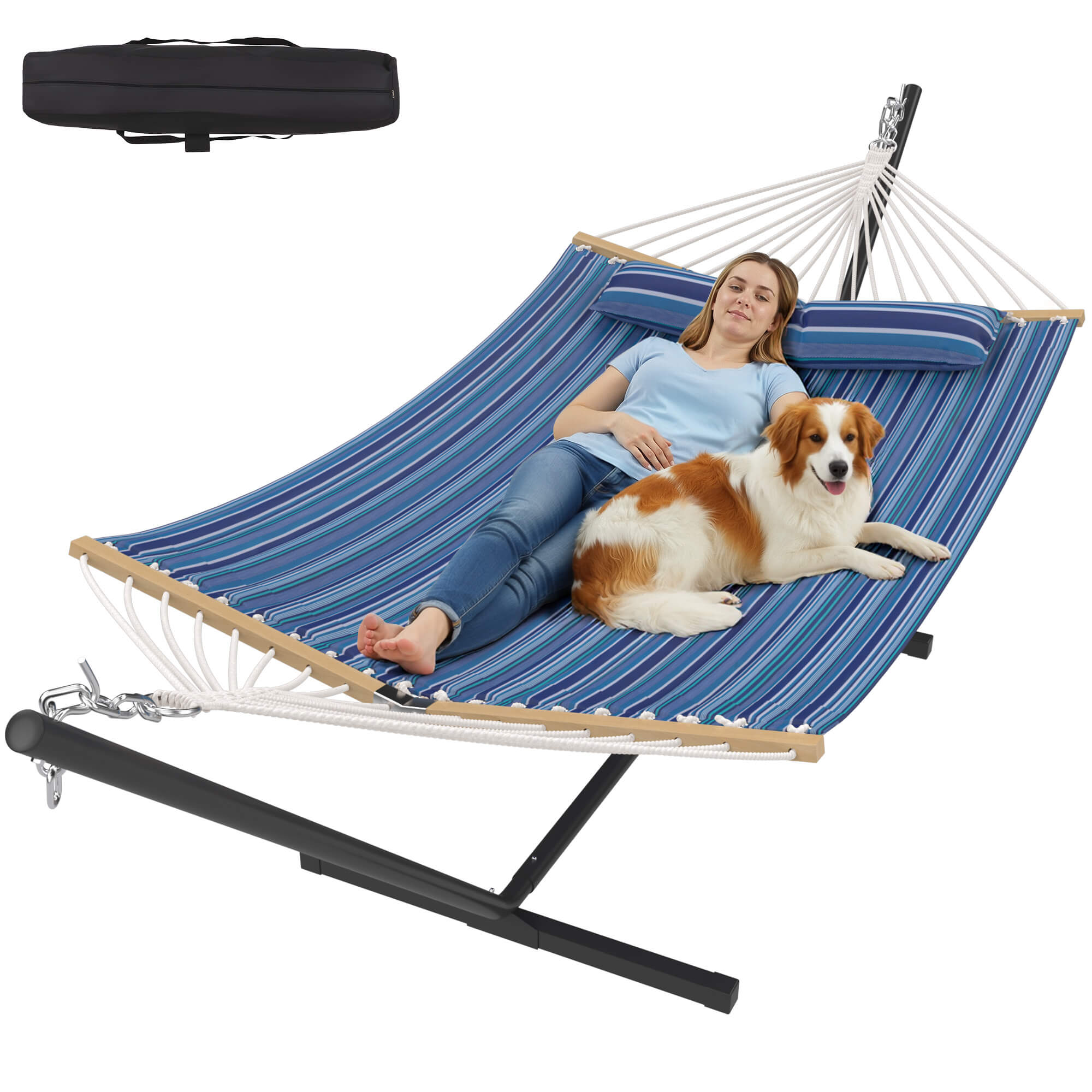 HOMREST Modern Rope Hammock with Stand, Portable Outdoor Hammock for Backyard, Beach & Camping, Blue Stripes