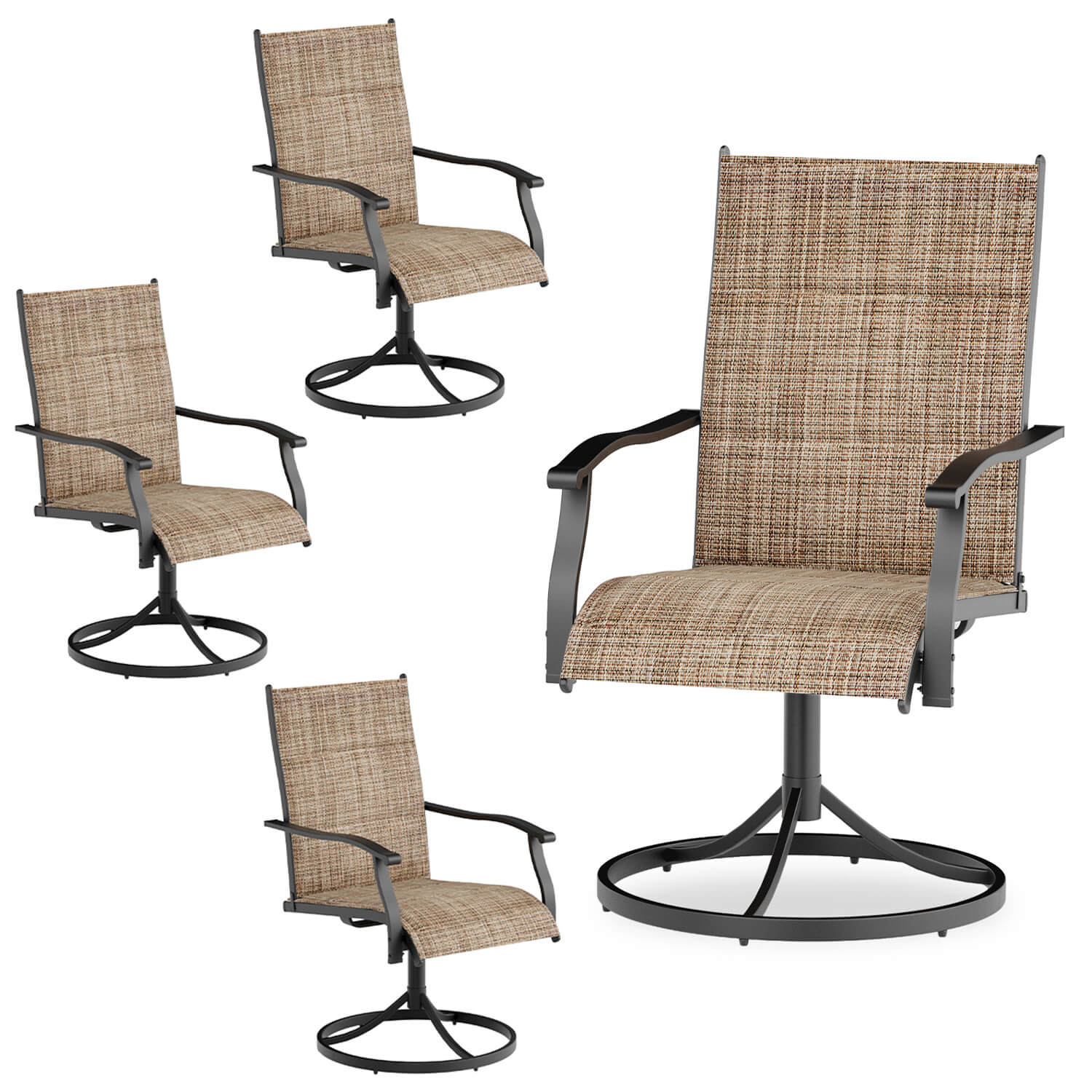 HOMREST Patio Swivel Chairs Set of 4, 360° Swivel, 15° Rocking, Outdoor Dining Chairs with Padded All Weather Quick-Drying Textilene High Back & Metal Frame, Brown