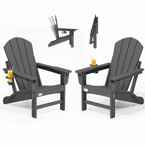 HOMREST 3-Position Adjustable Adirondack Chairs Set of 2, 400LBS HDPE Folding Outdoor Chairs with Cup Holder, Gray