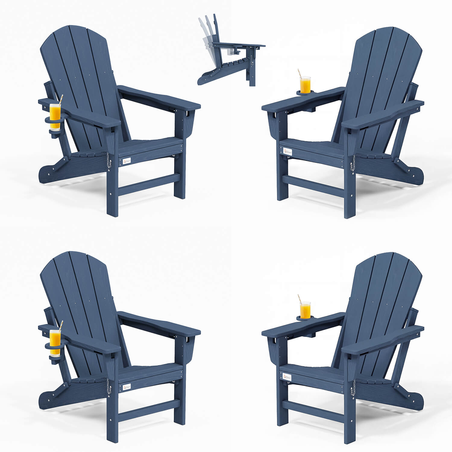 HOMREST 3-Position Adjustable Adirondack Chairs Set of 4, 400LBS HDPE Folding Outdoor Chairs with Cup Holder, Navy Blue
