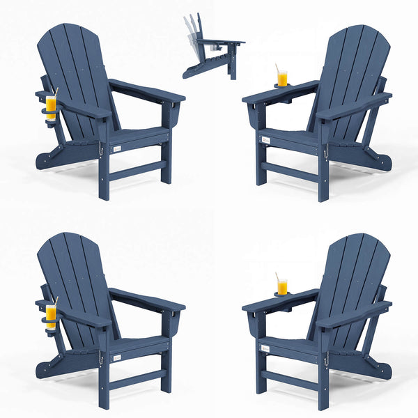 HOMREST 3-Position Adjustable Adirondack Chairs Set of 4, 400LBS HDPE Folding Outdoor Chairs with Cup Holder, Navy Blue
