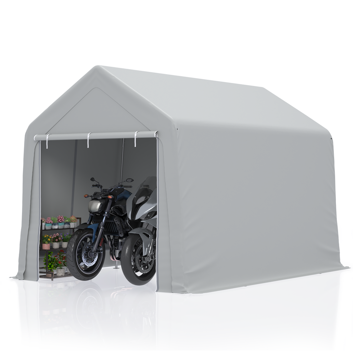 HOMREST 8 x 12 FT Carport Storage Shed, Outdoor Motorcycle Shed with Roll-Up Zipper Door & Vent, UV-Resistant Carport for Motorcycle, Firewood, Tools, Grey