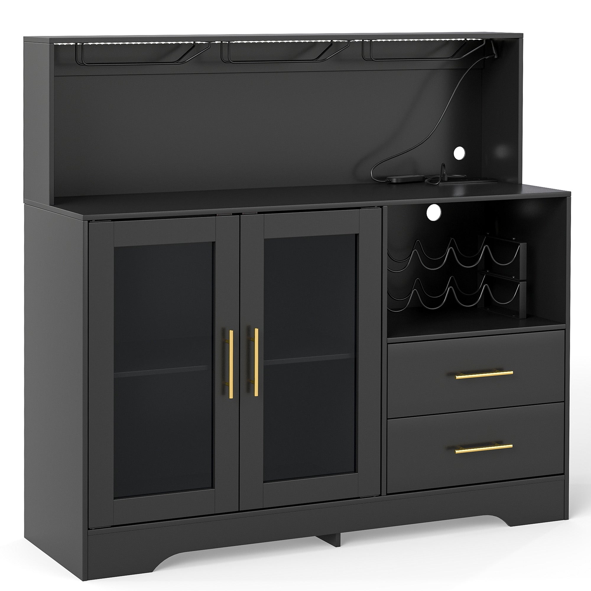 HOMREST Modern Wine Bar Cabinet With Led Lights, Coffee Bar With Wine Racks And Glass Holder, Charging Station,  Black