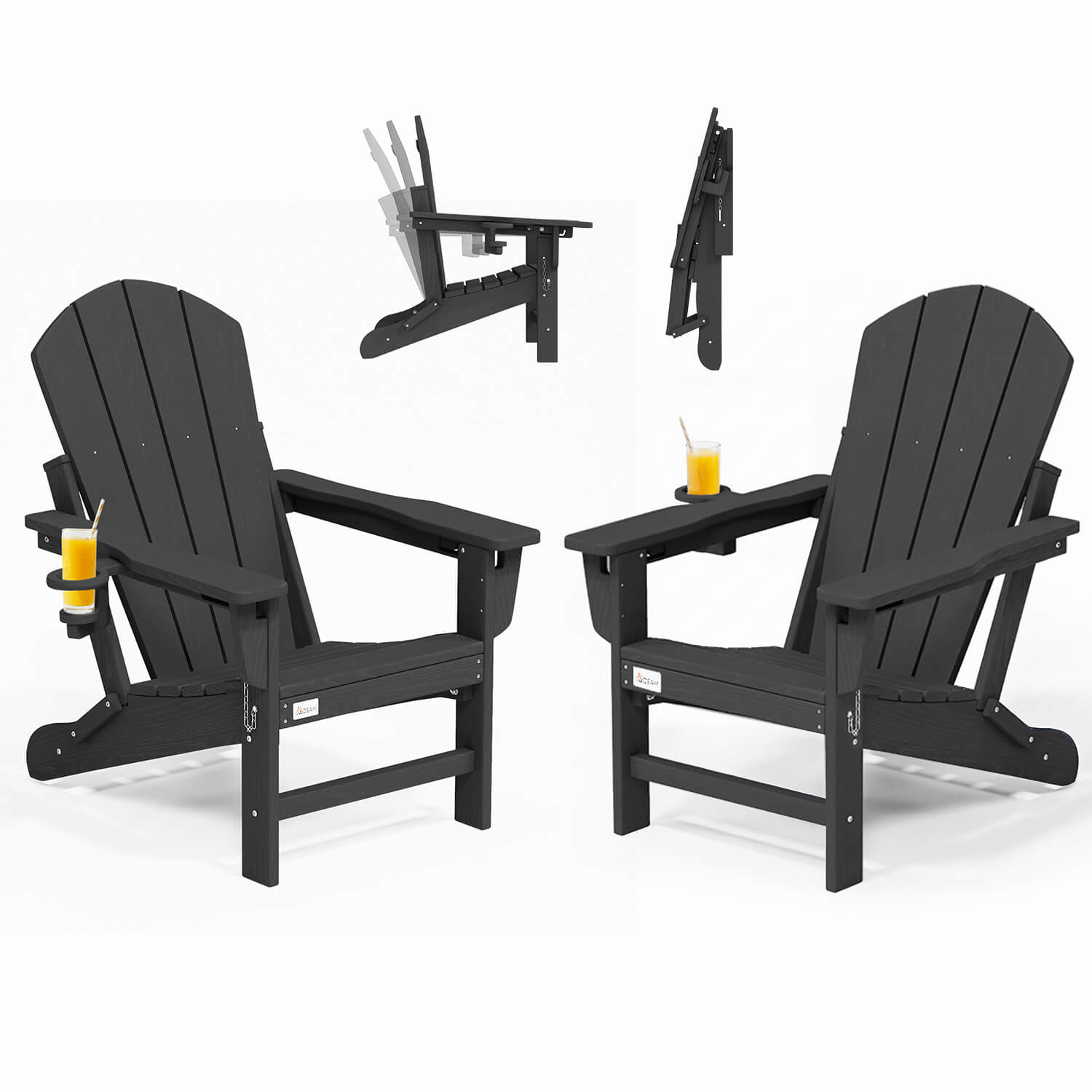HOMREST 3-Position Adjustable Adirondack Chairs Set of 2, 400LBS HDPE Folding Outdoor Chairs with Cup Holder, Black