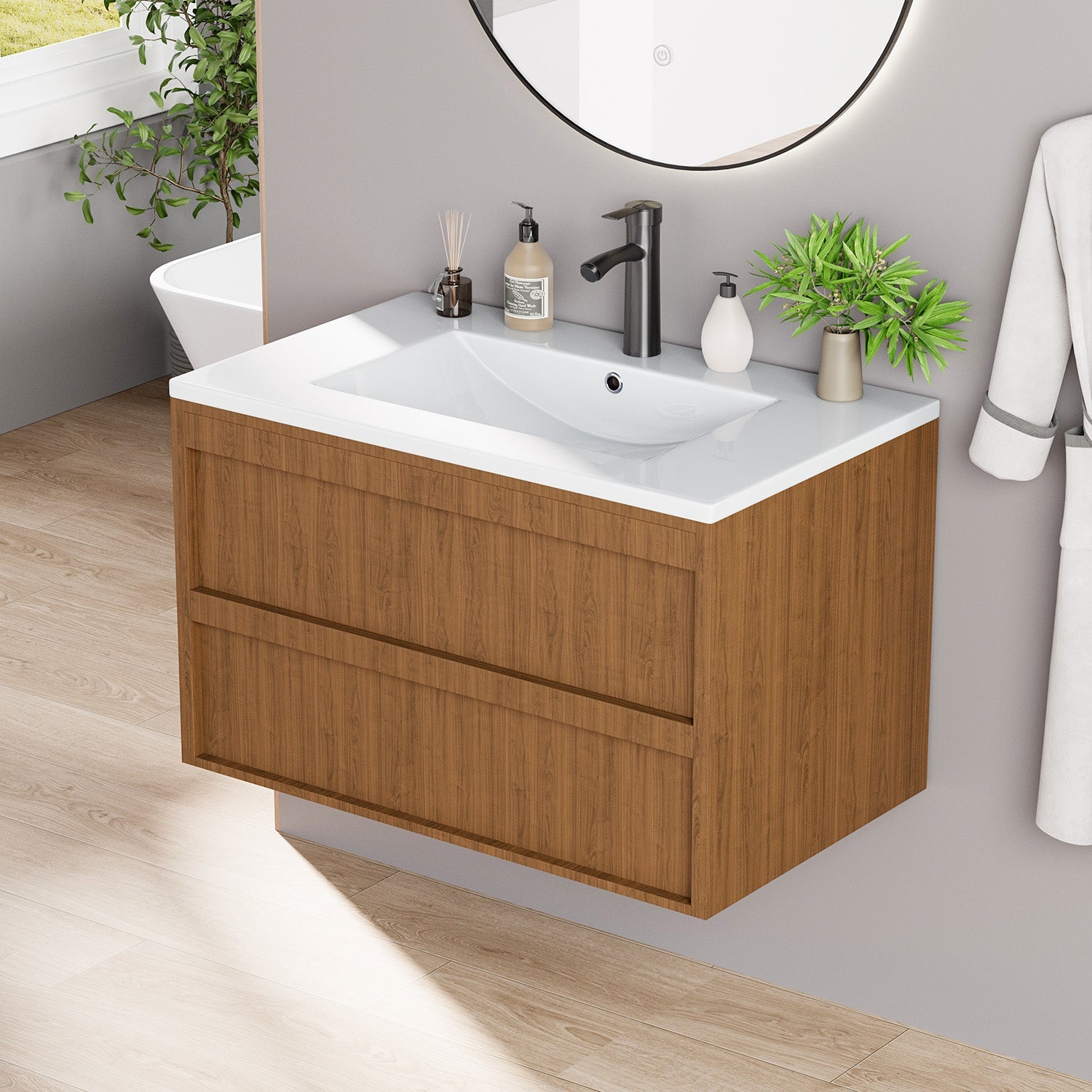 HOMREST 30 Inch Bathroom Vanity with Sink, Floating Bathroom Vanity with 2 Large Storage Drawers, Wood Grain Wall Mounted Bathroom Cabinet, Brown