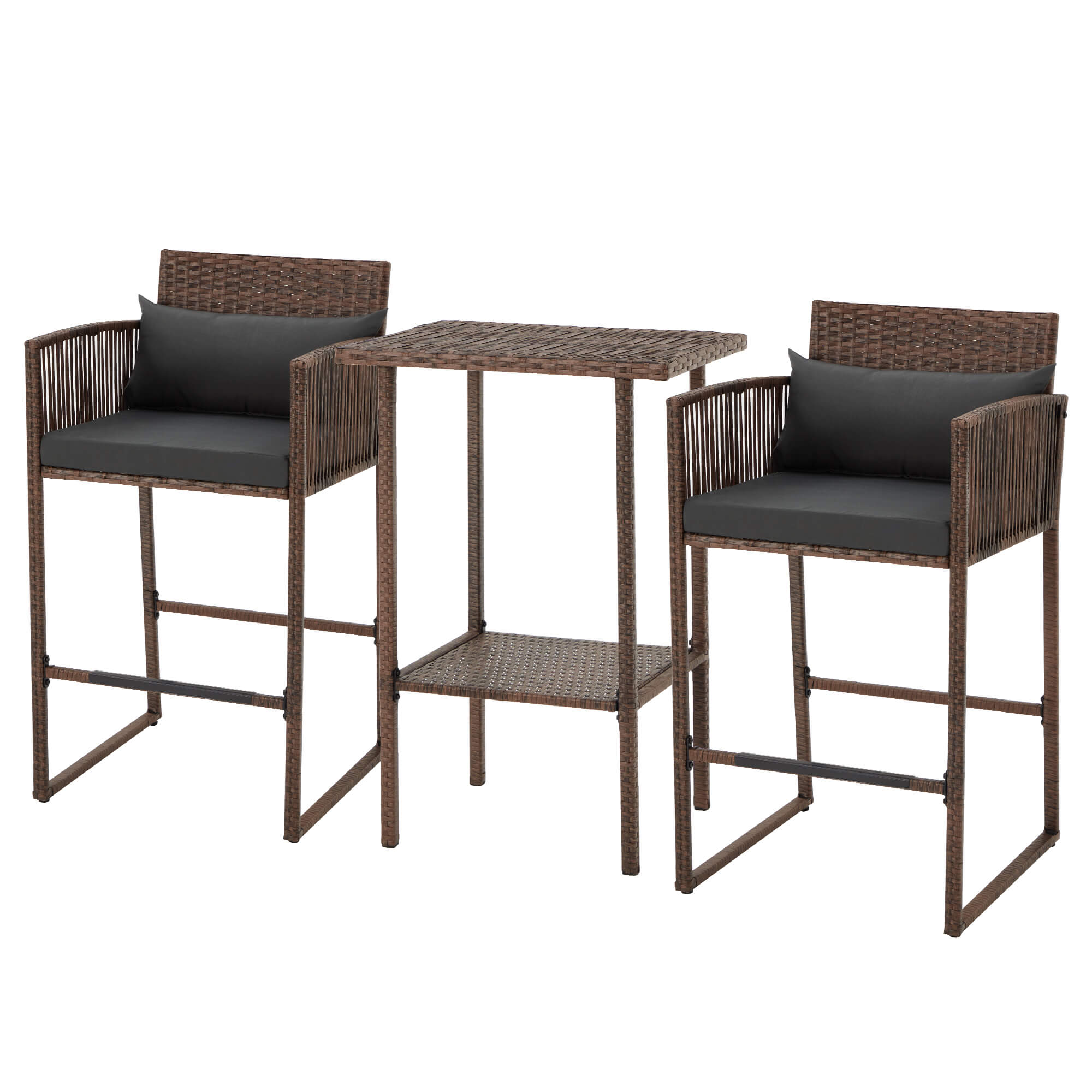 HOMREST 3-Piece Patio Wicker Bar Set, Rattan Bar Table & Stools with Cushion Covers (Blue/Gray)