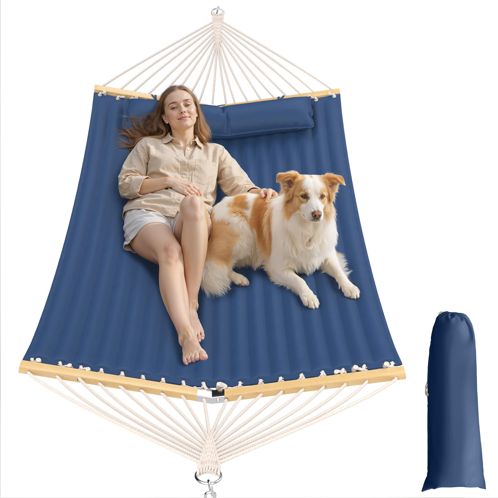 HOMREST Modern Portable Hammock, Outdoor Rope Hammock for Backyard, Beach & Camping, Navy Blue
