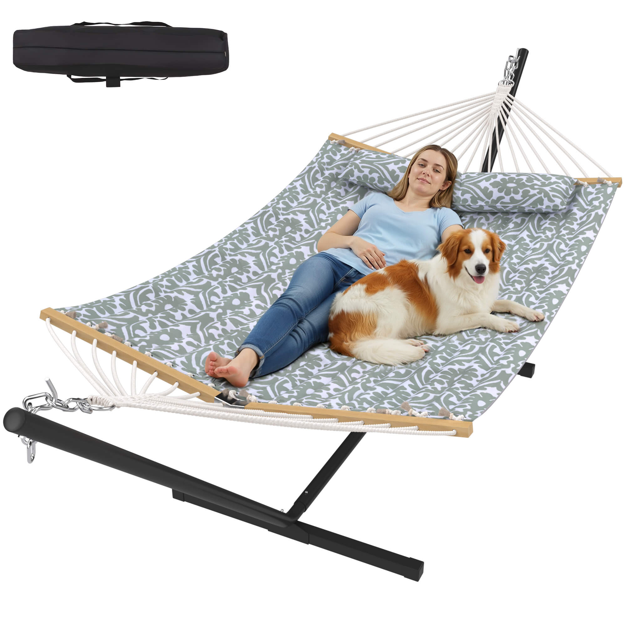 HOMREST Modern Rope Hammock with Stand, Portable Outdoor Hammock for Backyard, Beach & Camping, Gray Floral