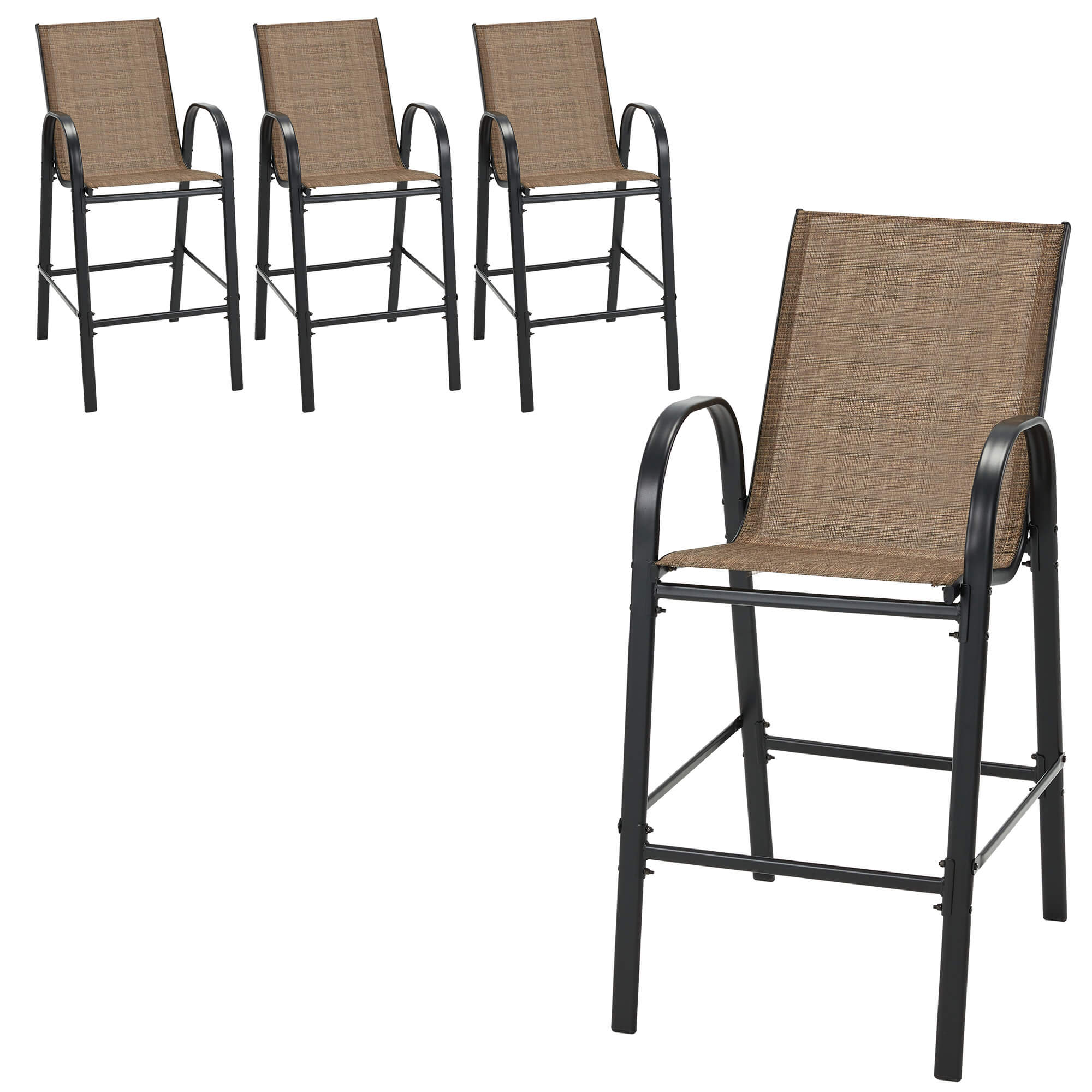 HOMREST Outdoor Bar Height Stools Set of 4, High Back Patio Chairs with Armrests,Textilene Chairs with Breathable Fabric & Metal Frame, Brown