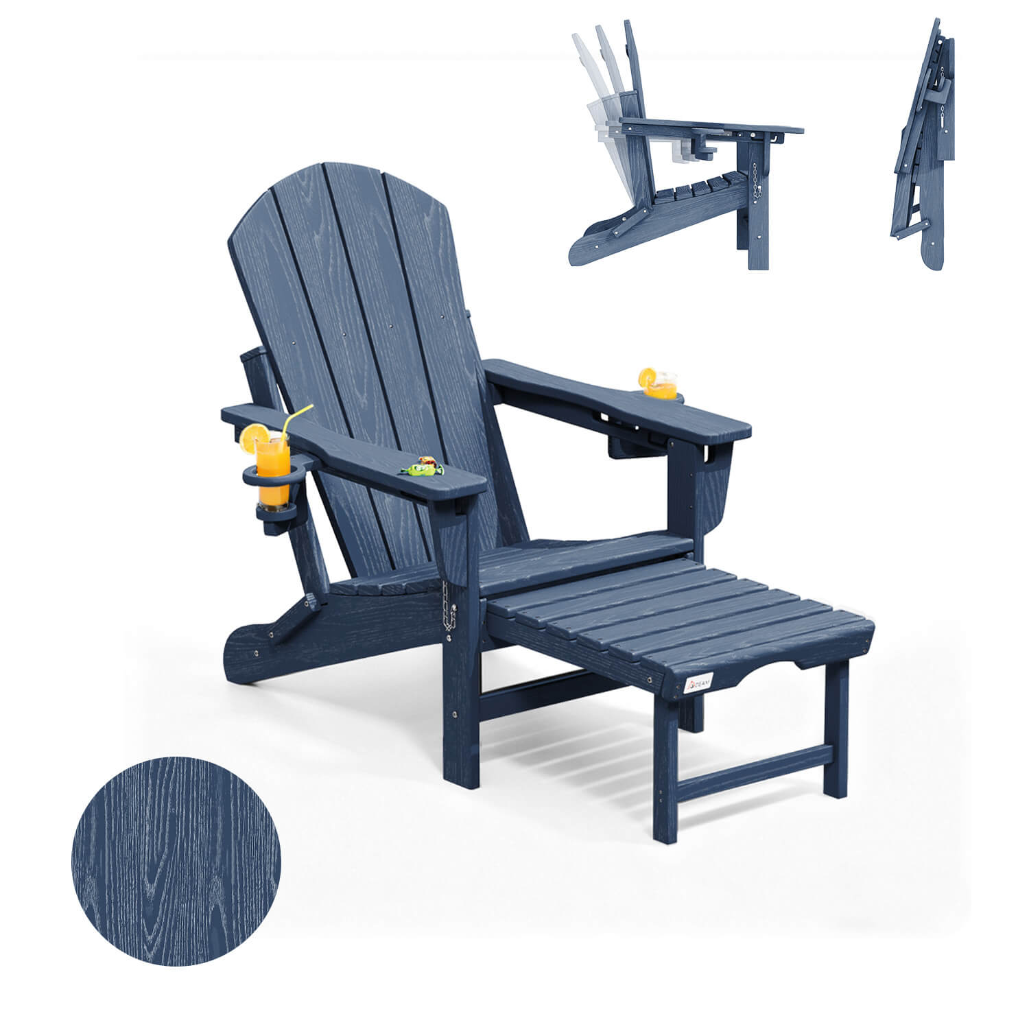 HOMREST 3-Level  Adjustable Adirondack Chair with Retractable Ottoman, Folding HDPE Outdoor Chair with Cup Holders, Navy Blue