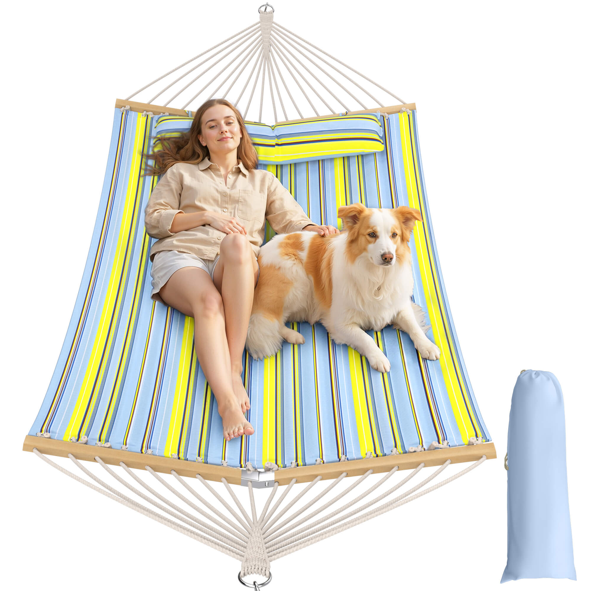 HOMREST Modern Portable Hammock, Outdoor Rope Hammock for Backyard, Beach & Camping, Green Stripes