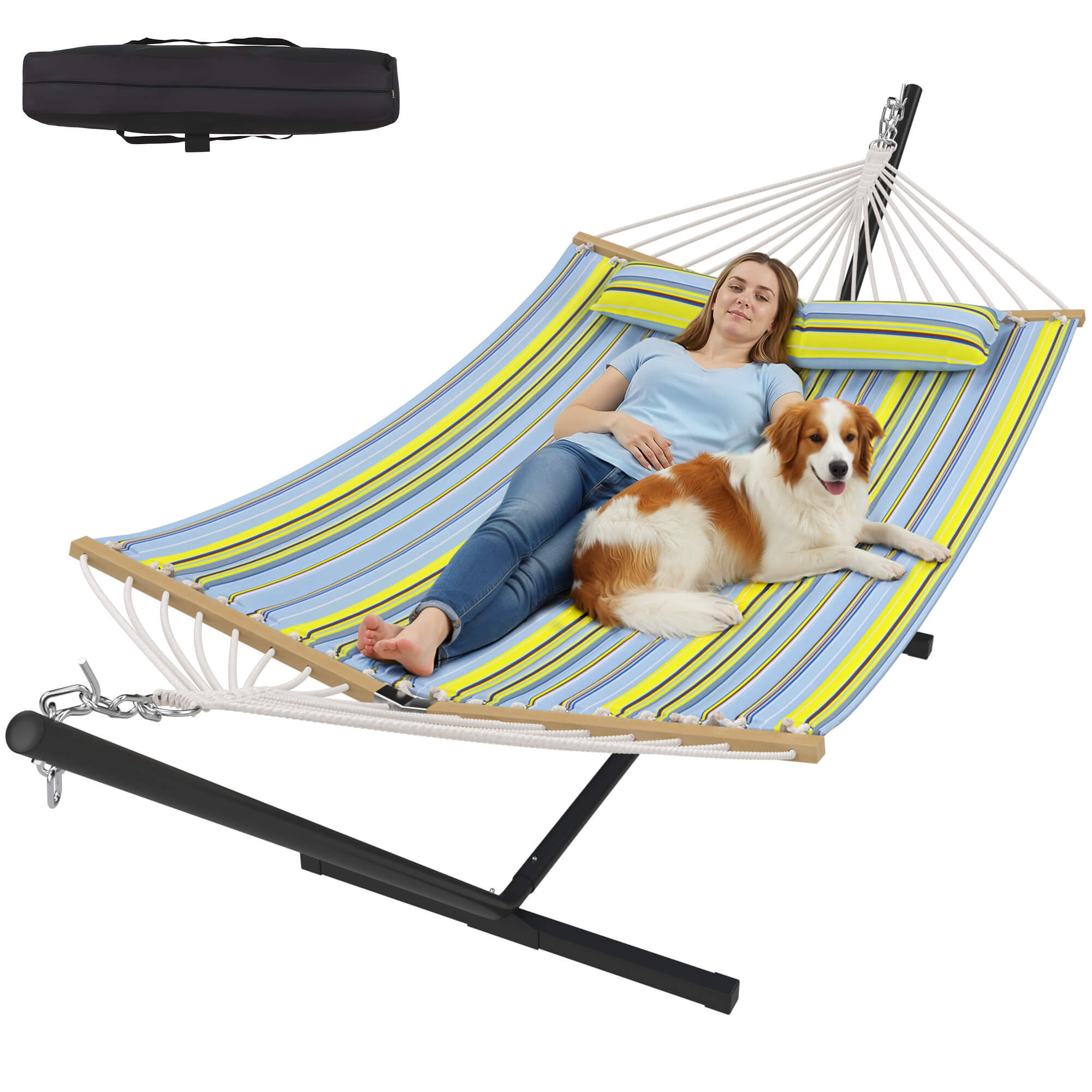 HOMREST Modern Rope Hammock with Stand, Portable Outdoor Hammock for Backyard, Beach & Camping, Green Stripes