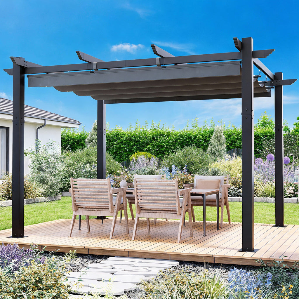 HOMREST Retractable Pergola 10x12 Ft, Upgraded Sun Shade with Waterproof Canopy, Durable Metal Patio Shelter with Magnetic Attachment for Backyard Garden Deck (Gary)