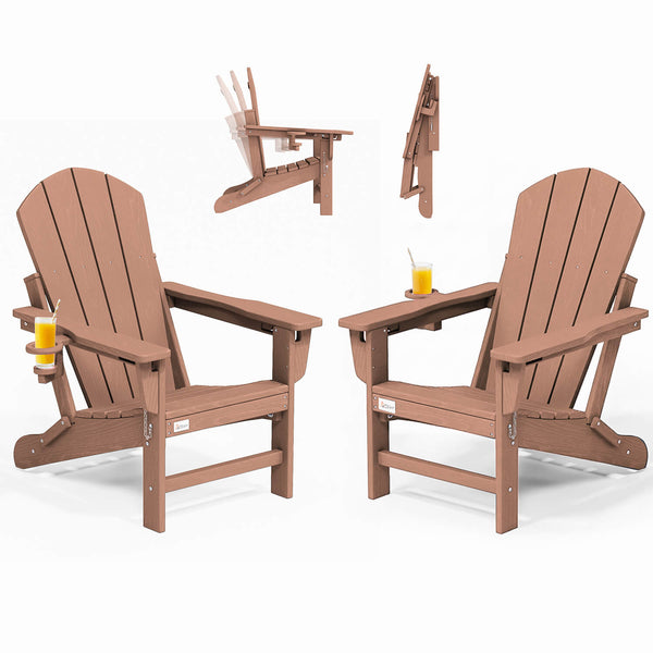 HOMREST 3-Position Adjustable Adirondack Chairs Set of 2, 400LBS HDPE Folding Outdoor Chairs with Cup Holder, Teak