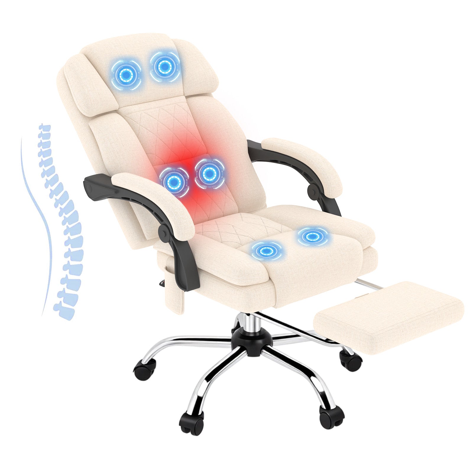 HOMREST 6-Point Massage Office Chair with Heat, Ergonomic Reclining Desk Chair with Footrest, Soft Chenille Fabric Executive Chairs for Home Office, Comfortable Computer Chair Gift for Women, Beige