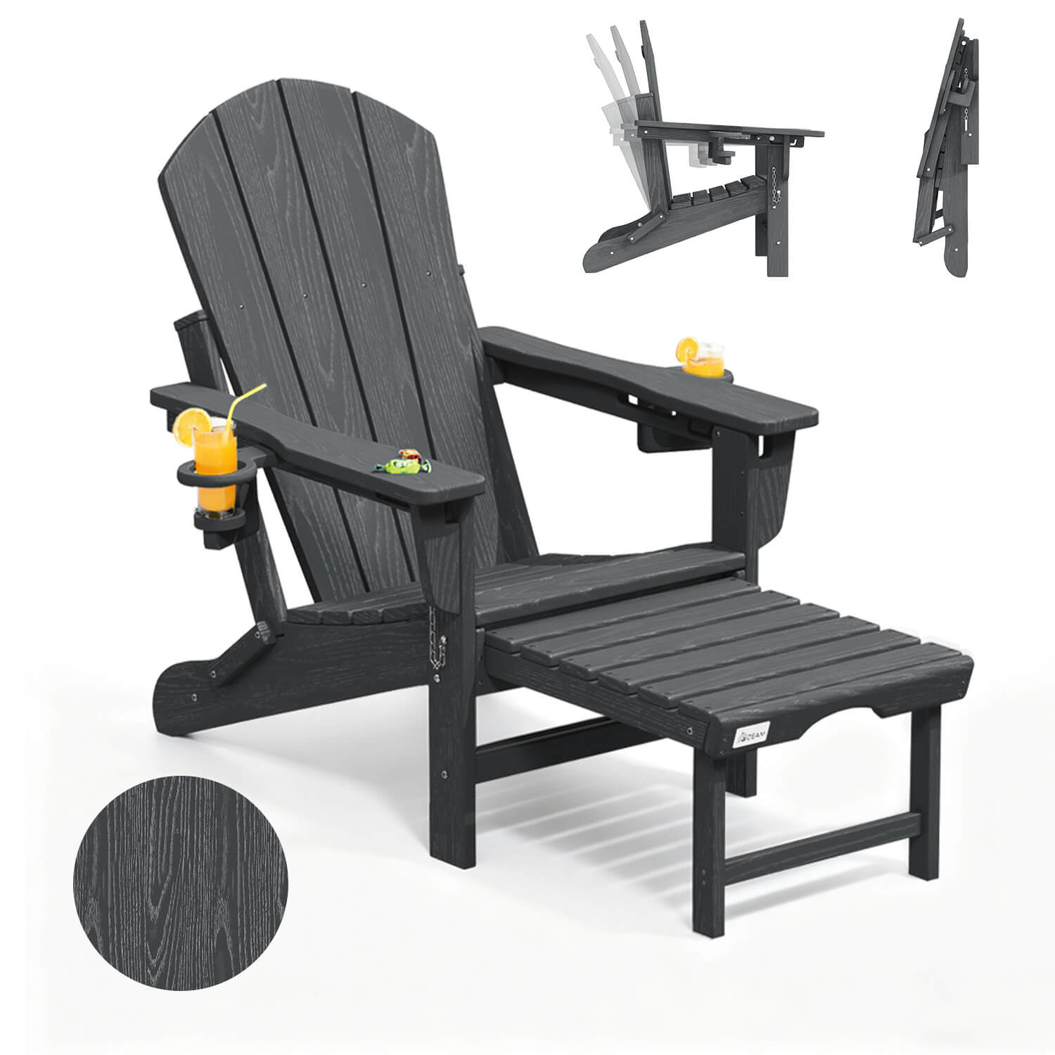 HOMREST 3-Level  Adjustable Adirondack Chair with Retractable Ottoman, Folding HDPE Outdoor Chair with Cup Holders, Gray