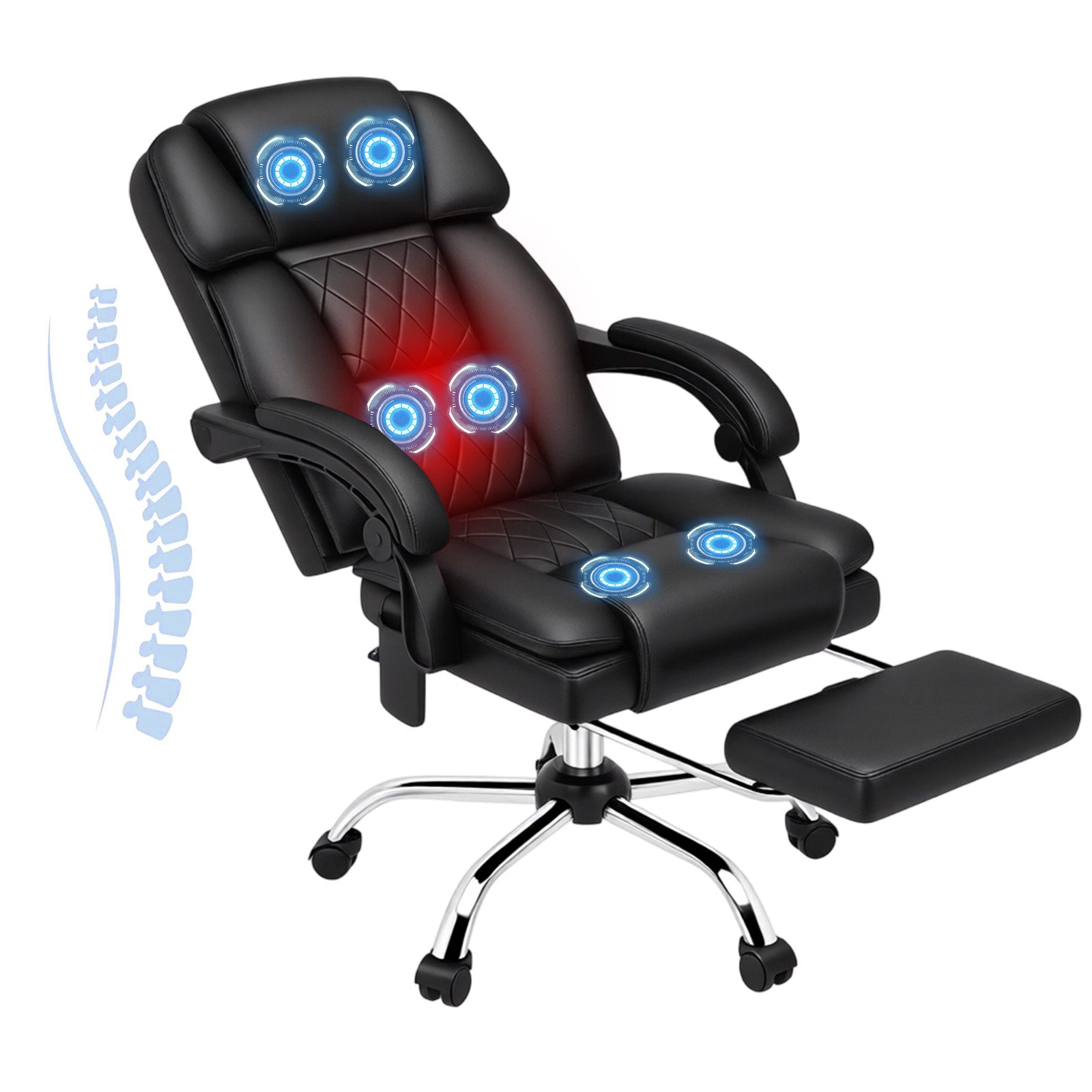 HOMREST 6-Point Massage Office Chair with Heat, Ergonomic Reclining Desk Chair with Footrest, PU Leather Executive Chairs for Home Office, Massaging Computer Chair Gift for Men, Black