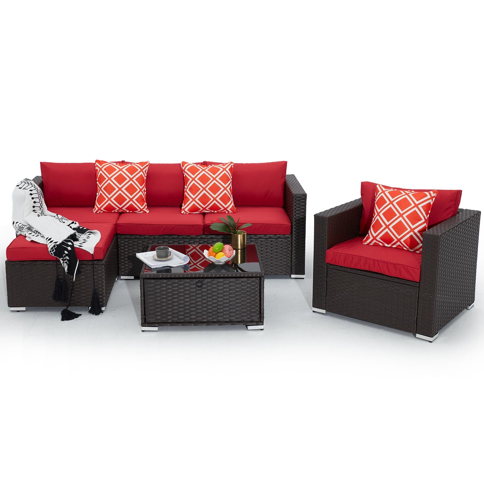 Homrest 4 pieces wicker rattan outdoor sectional sofa with storage coffee table, wine red