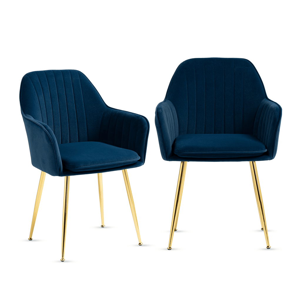 HOMREST Modern Living Dining Room Accent Arm Chairs Set of 2, Velvet Mid-Century Upholstered Seat Club Guest with Golden Legs, Blue