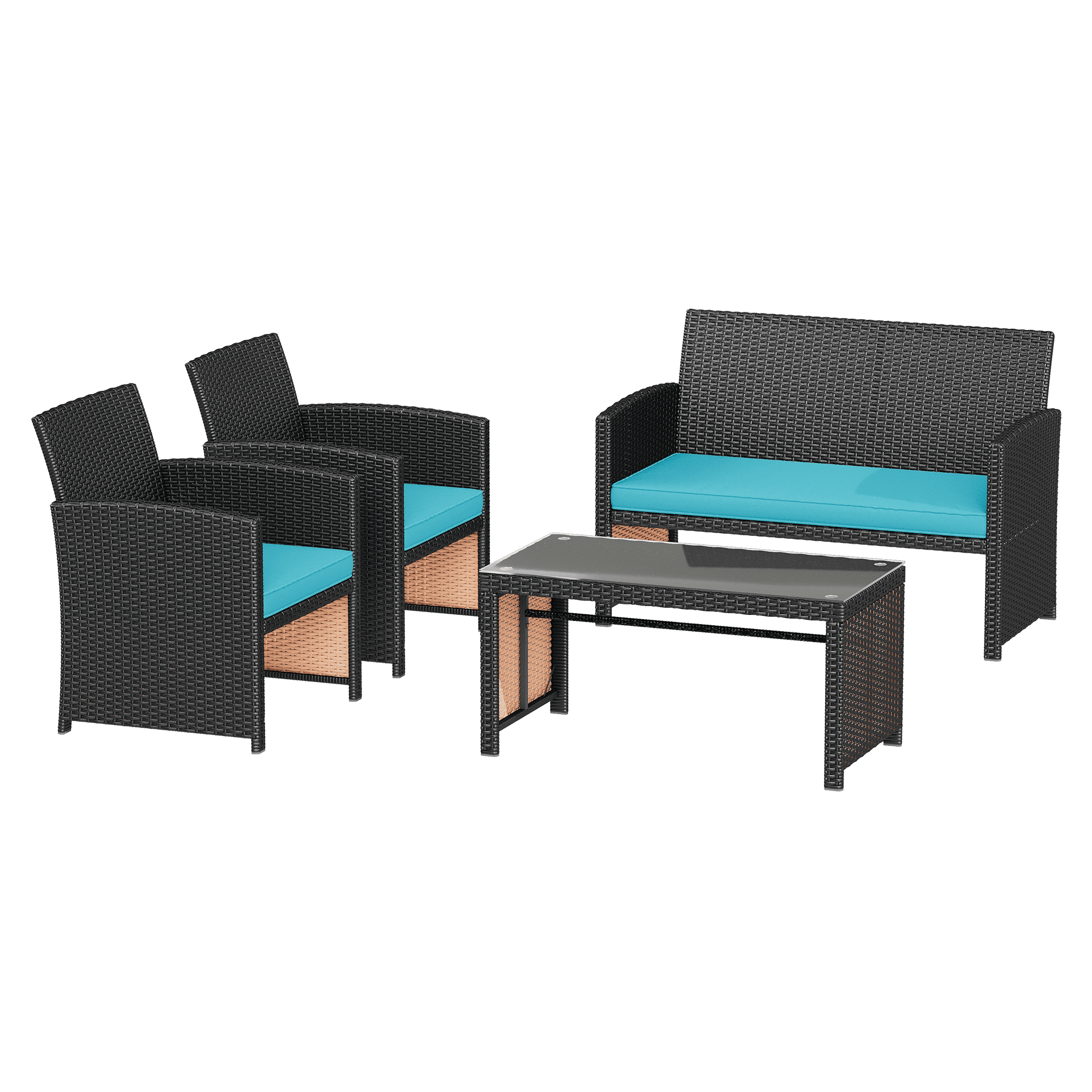 HOMREST 4-Piece Patio Furniture Set, Outdoor Wicker Patio Conversation Set with Cushions, Sofa & Glass Coffee Table, Blue