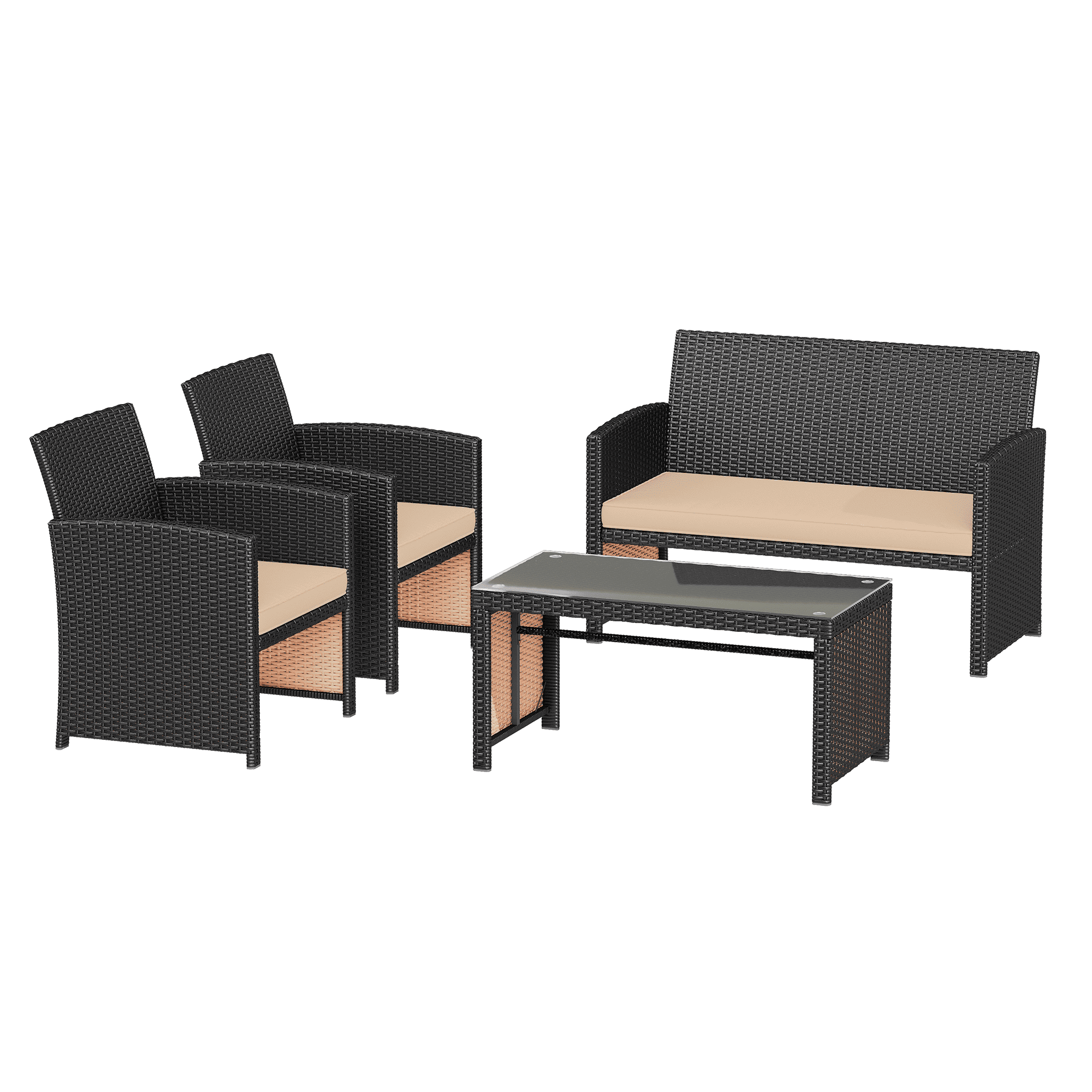 HOMREST 4-Piece Patio Furniture Set, Outdoor Wicker Patio Conversation Set with Cushions, Sofa & Glass Coffee Table, Khaki