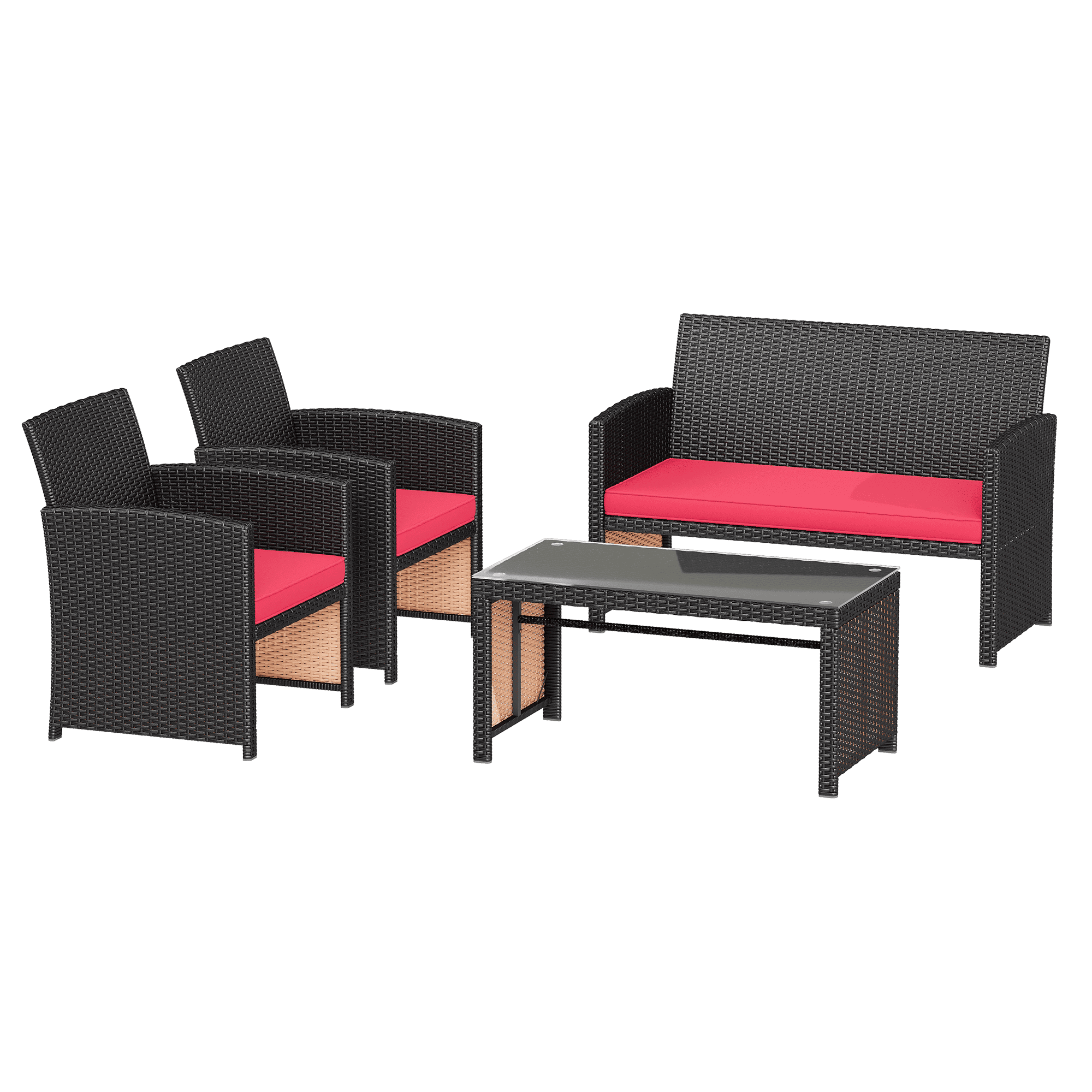 HOMREST 4-Piece Patio Furniture Set, Outdoor Wicker Patio Conversation Set with Cushions, Sofa & Glass Coffee Table, Red