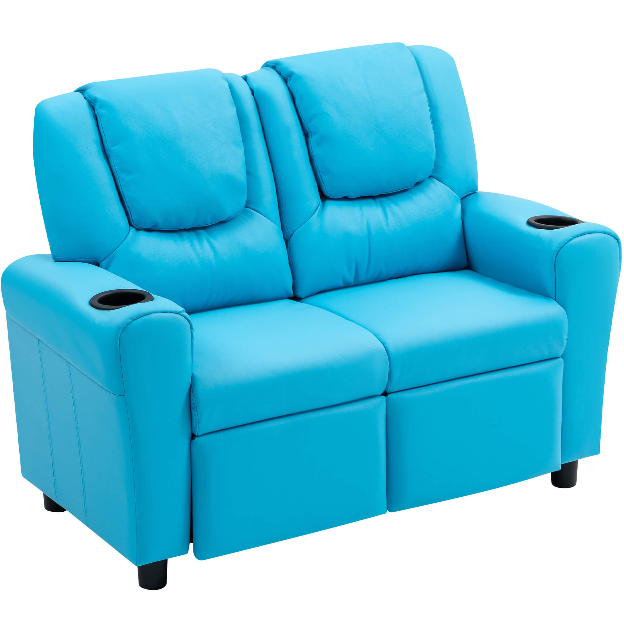 HOMREST Kids Recliner Chair, Double Kids Sofa Chair w/Cup Holder PU Leather, Toddler Loveseat Couch w/Adjustable Footrest & Headres for Boys Girls 3+ Age Group, Blue