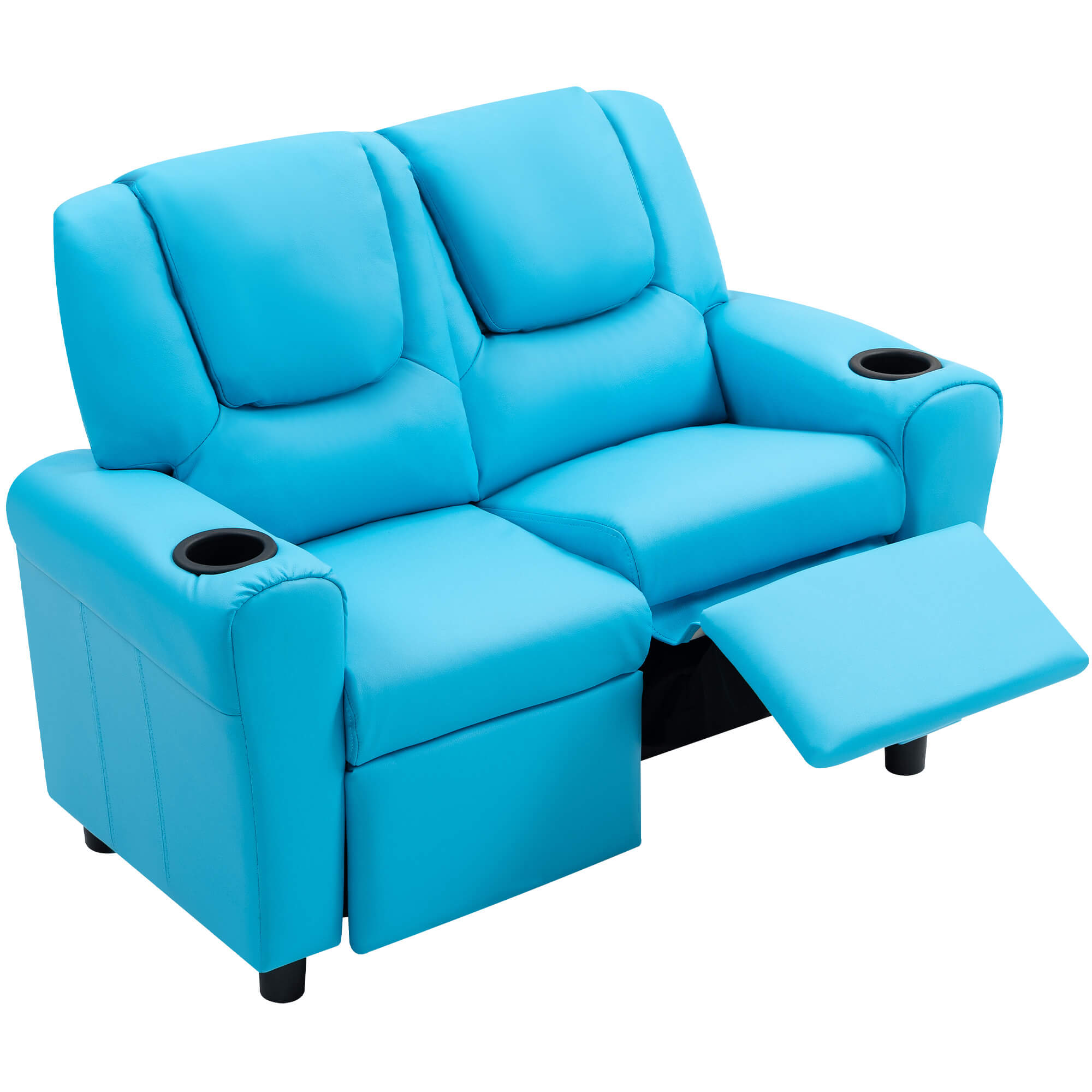 HOMREST Kids Recliner Chair, Double Kids Sofa Chair w/Cup Holder PU Leather, Toddler Loveseat Couch w/Adjustable Footrest & Headres for Boys Girls 3+ Age Group, Blue