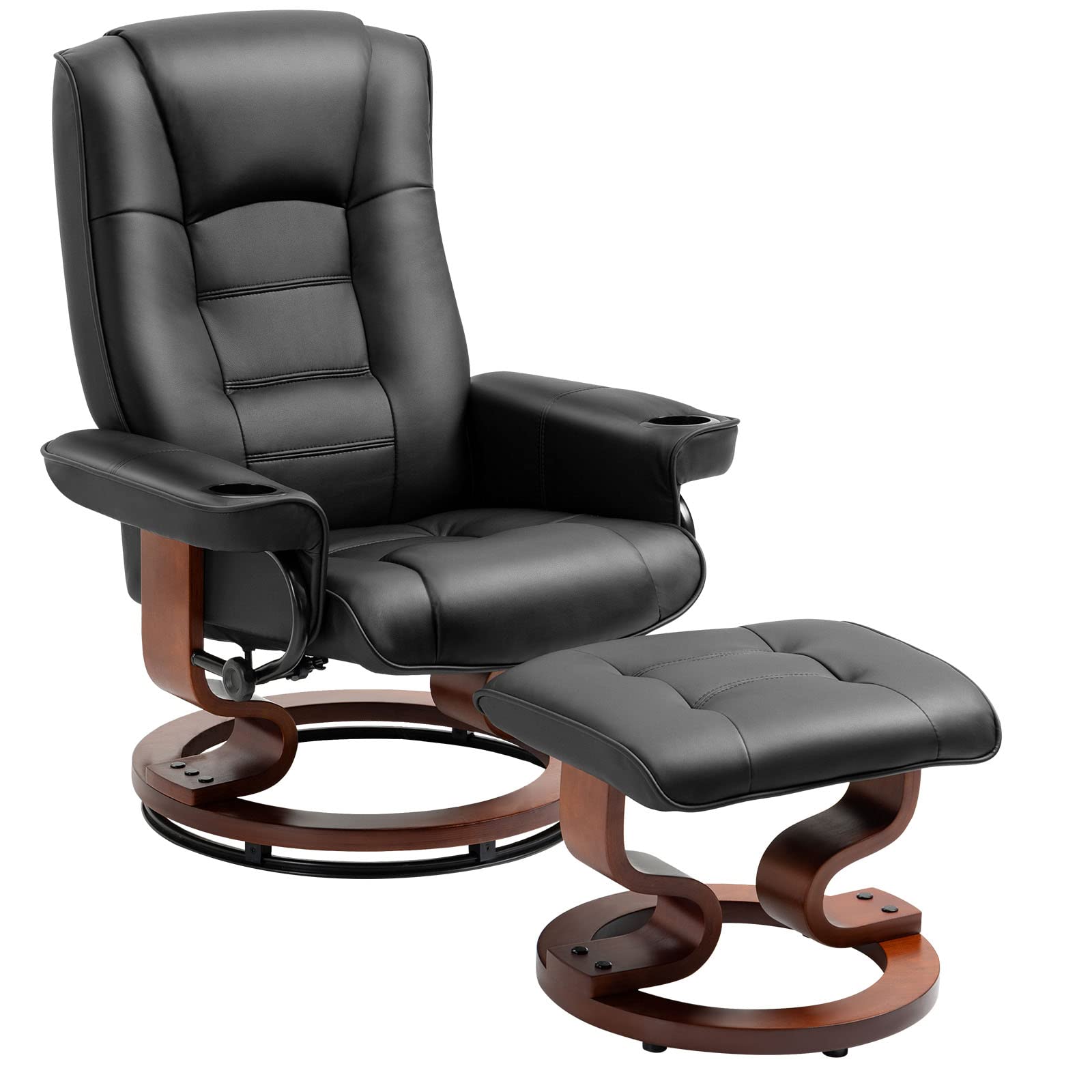Homrest Recliner with Ottoman, Wood Base & Adjustable Back, Faux Leather Swivel Reclining Chair with Footrest for Living Room and Bedroom, Black