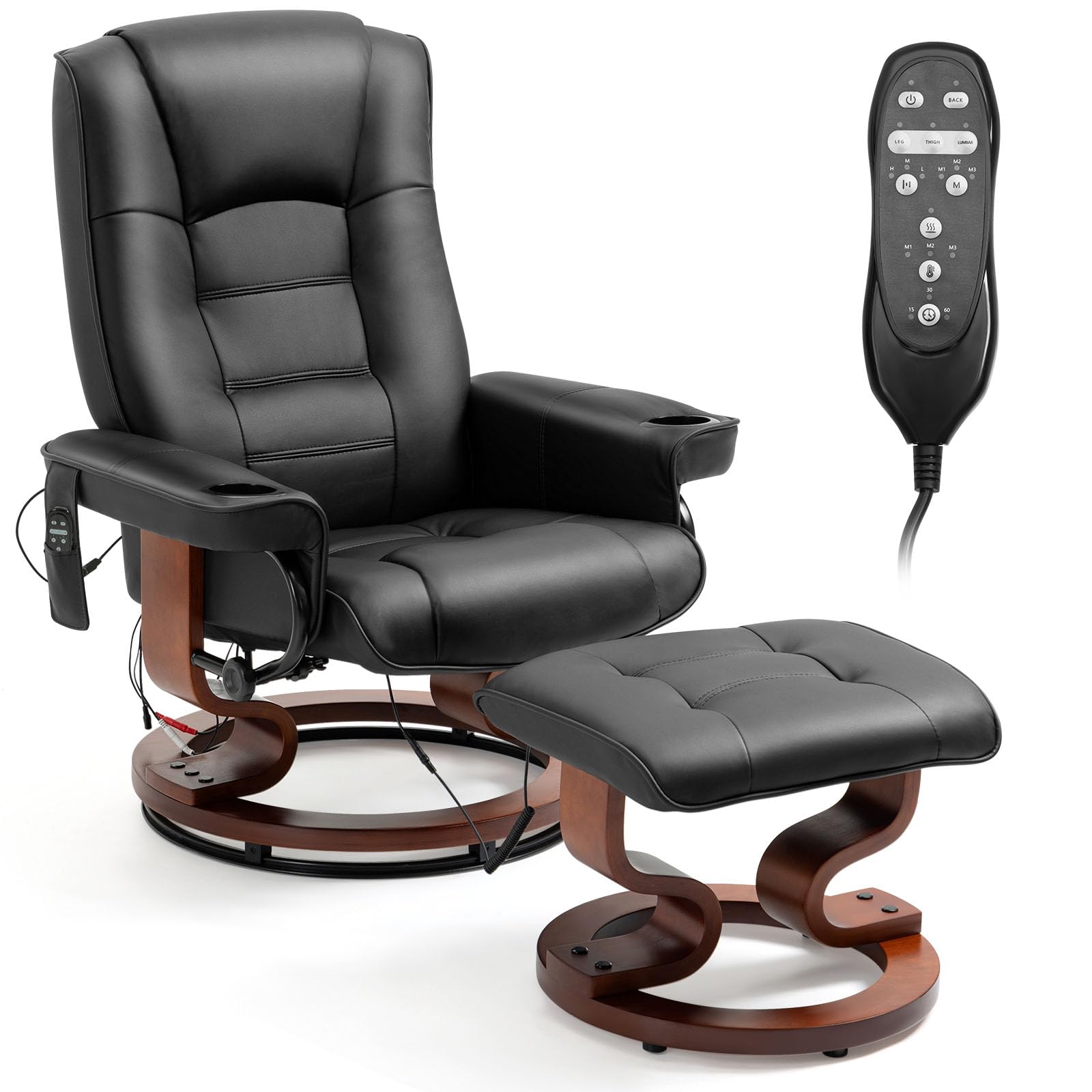Homrest Reclining Chair with Vibration Massage Faux Leather Recliner with Ottoman Swivel Wood Recliner Chairs for Living Room, Black