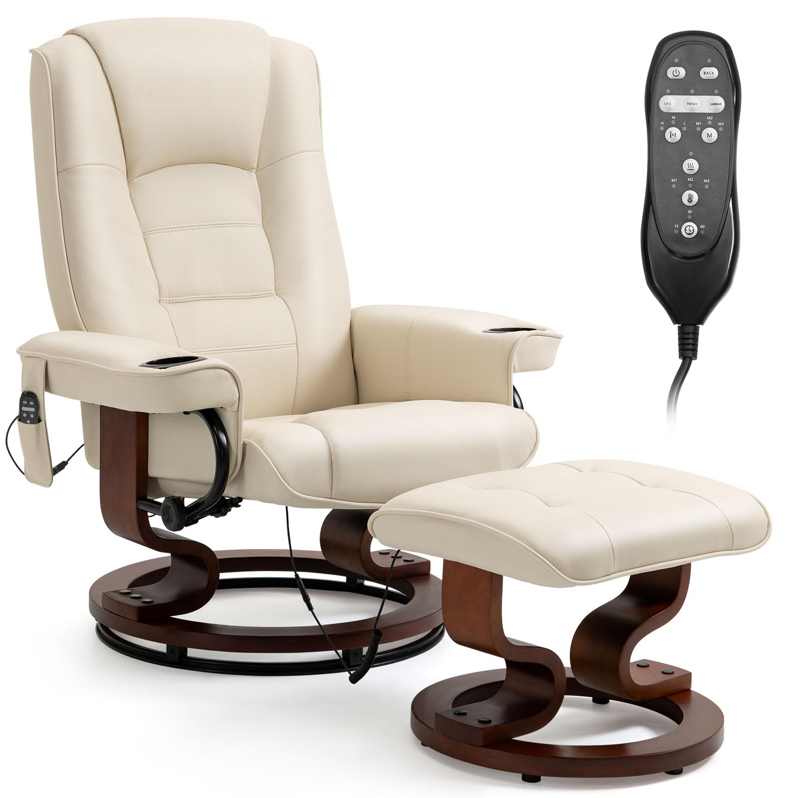 Homrest Reclining Chair with Vibration Massage Faux Leather Recliner with Ottoman Swivel Wood Recliner Chairs for Living Room, Beige