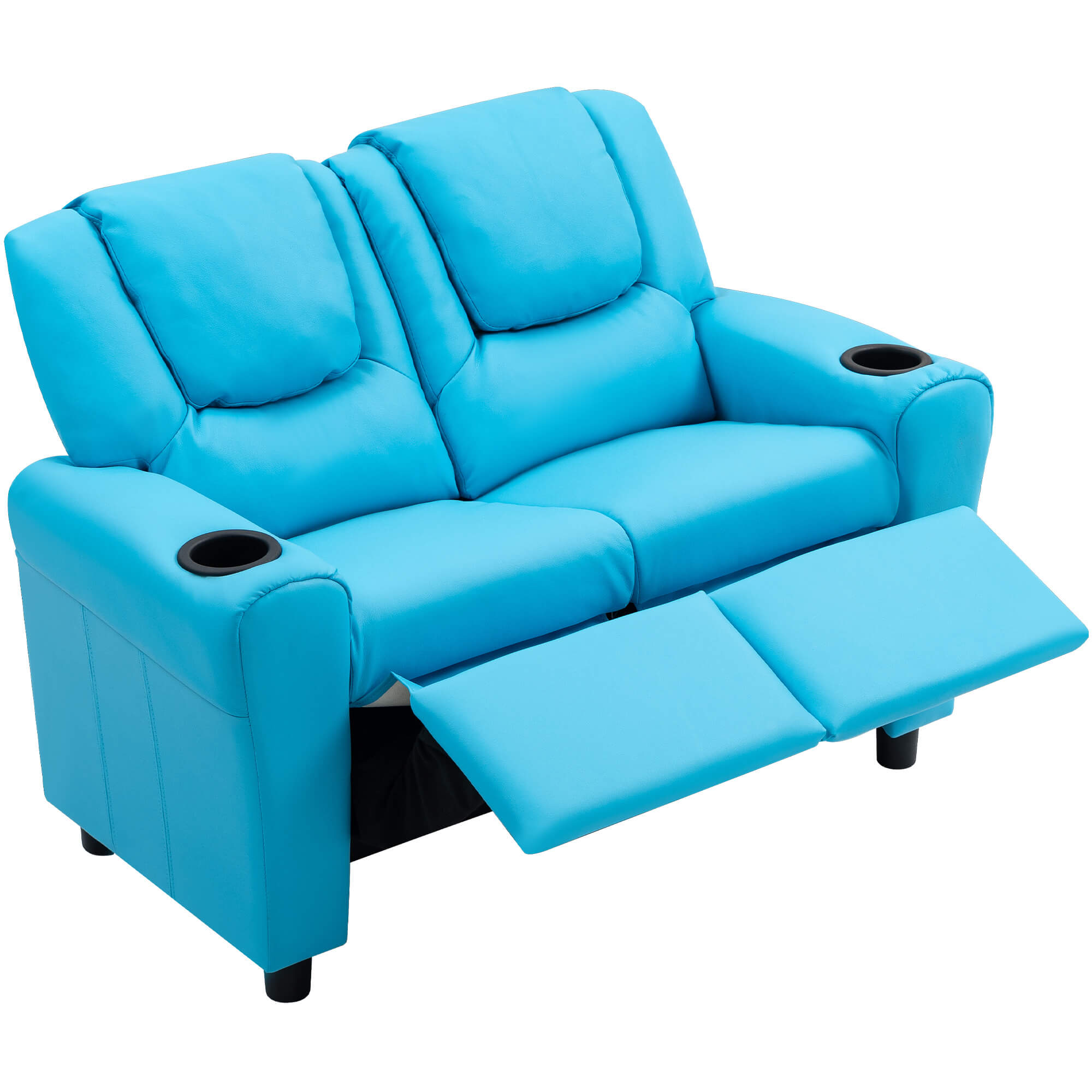 HOMREST Kids Recliner Chair, Double Kids Sofa Chair w/Cup Holder PU Leather, Toddler Loveseat Couch w/Adjustable Footrest & Headres for Boys Girls 3+ Age Group, Blue
