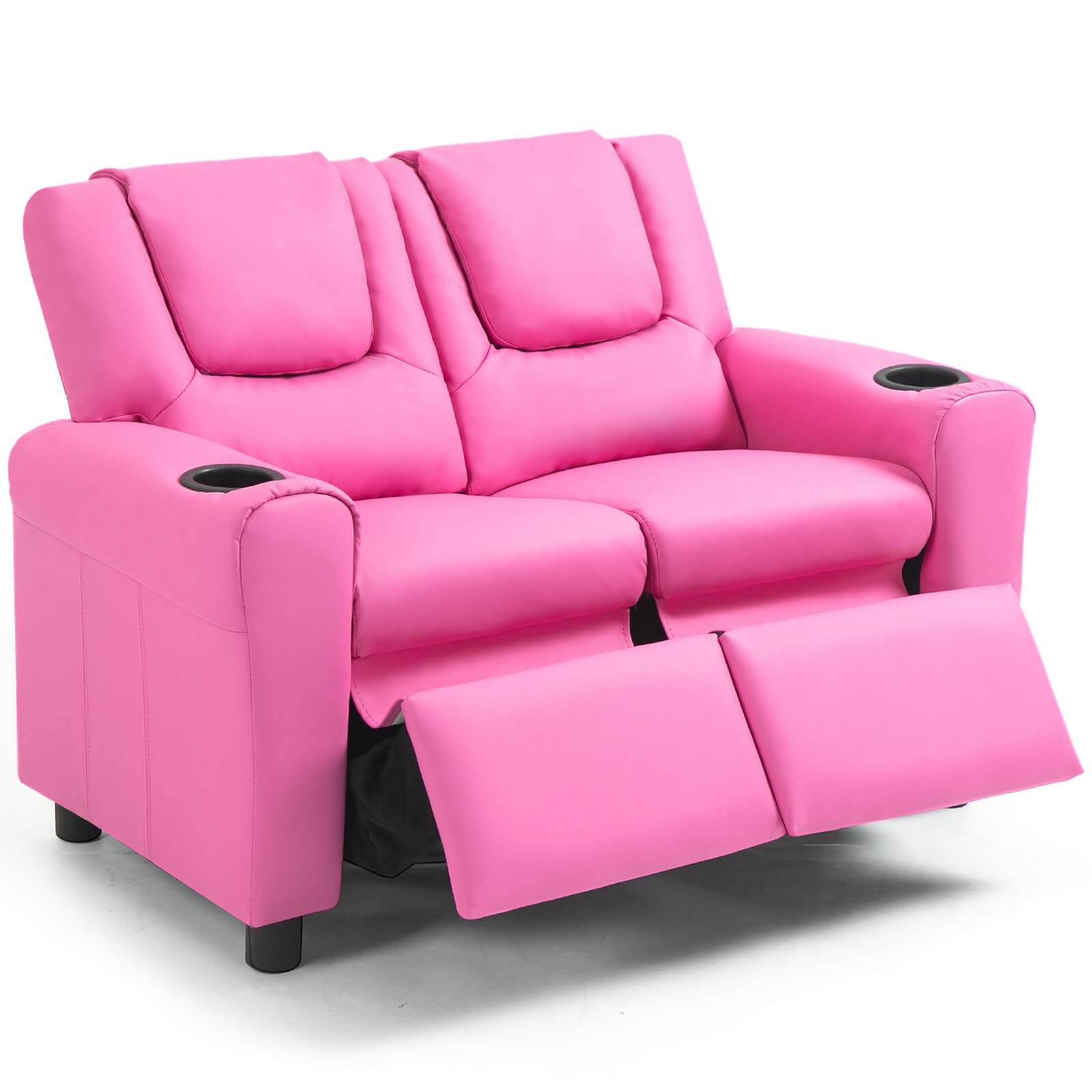 HOMREST Kids Recliner Chair, Double Kids Sofa Chair w/Cup Holder PU Leather, Toddler Loveseat Couch w/Adjustable Footrest & Headres for Boys Girls 3+ Age Group, Pink