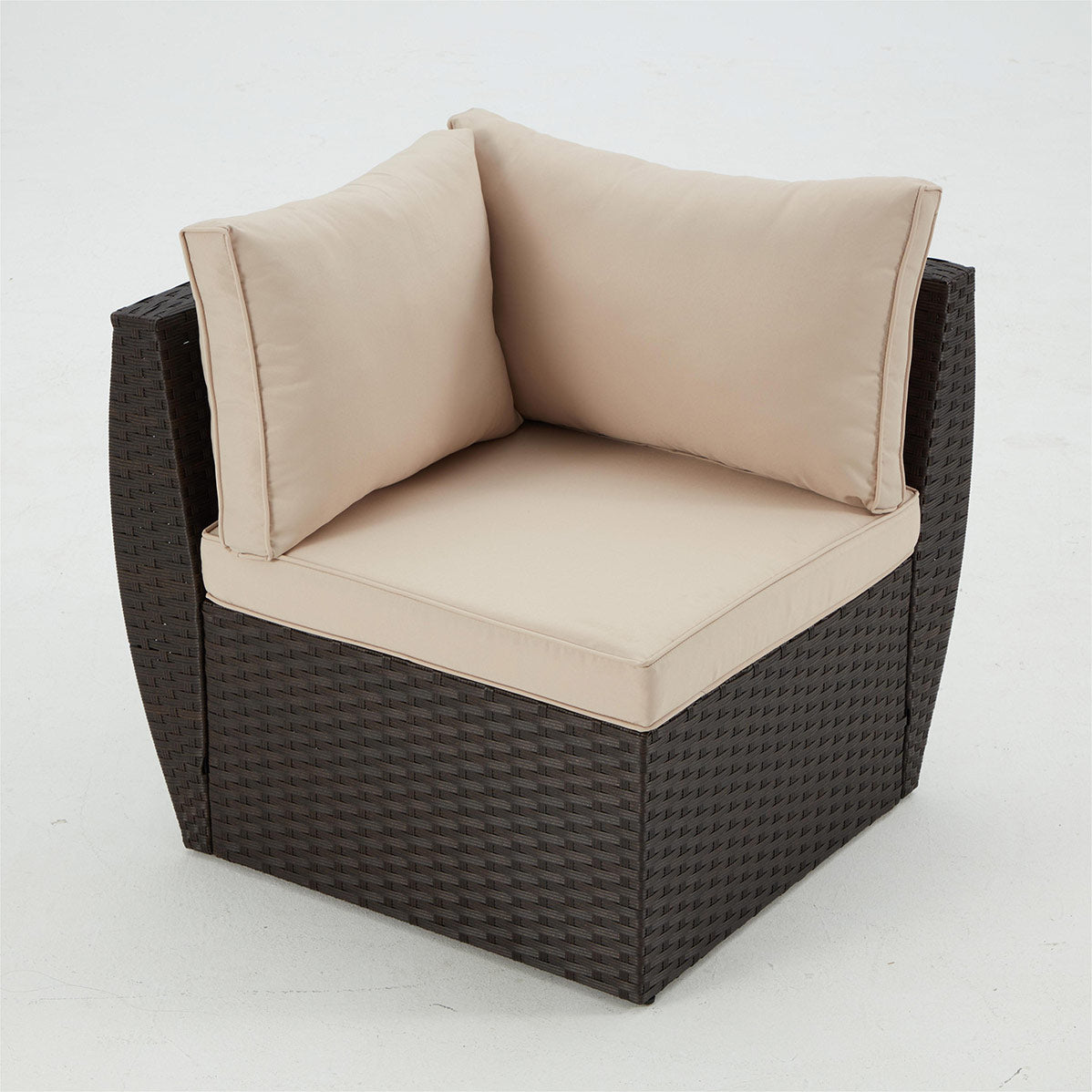 7 Pcs Patio Rattan Sectional Sofa Set w/ Ergonomic Curved Armrest , Khaki Cushion & Glass Table