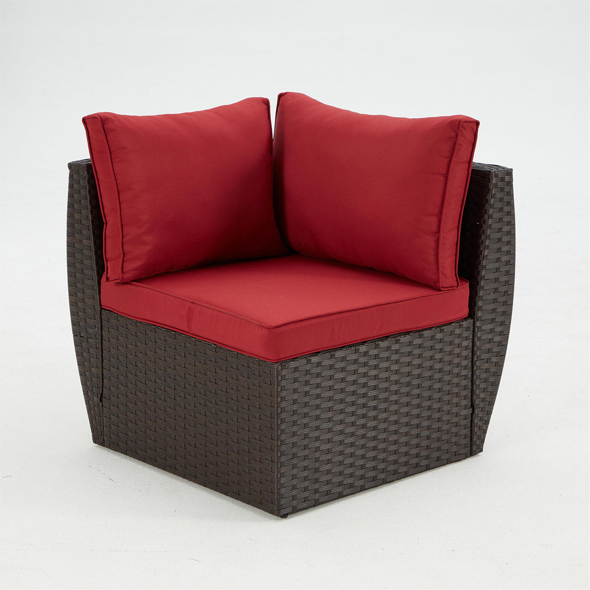 7 Pcs Patio Rattan Sofa Set w/ Ergonomic Curved Armrest, Red Cushion & Coffee Table