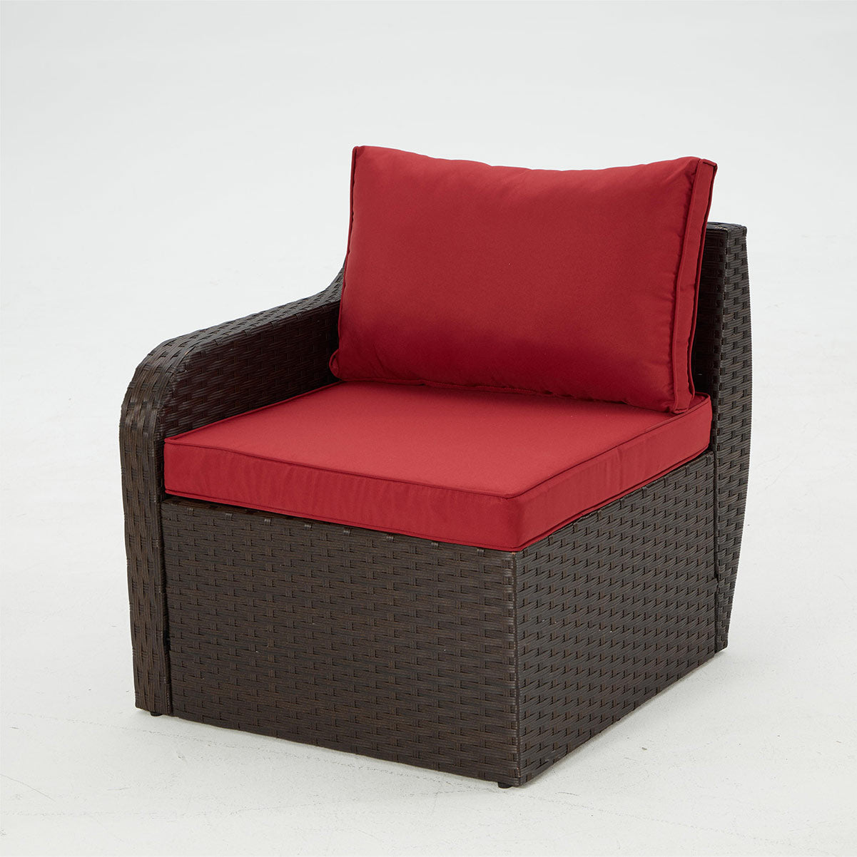 7 Pcs Patio Rattan Sofa Set w/ Ergonomic Curved Armrest, Red Cushion & Coffee Table